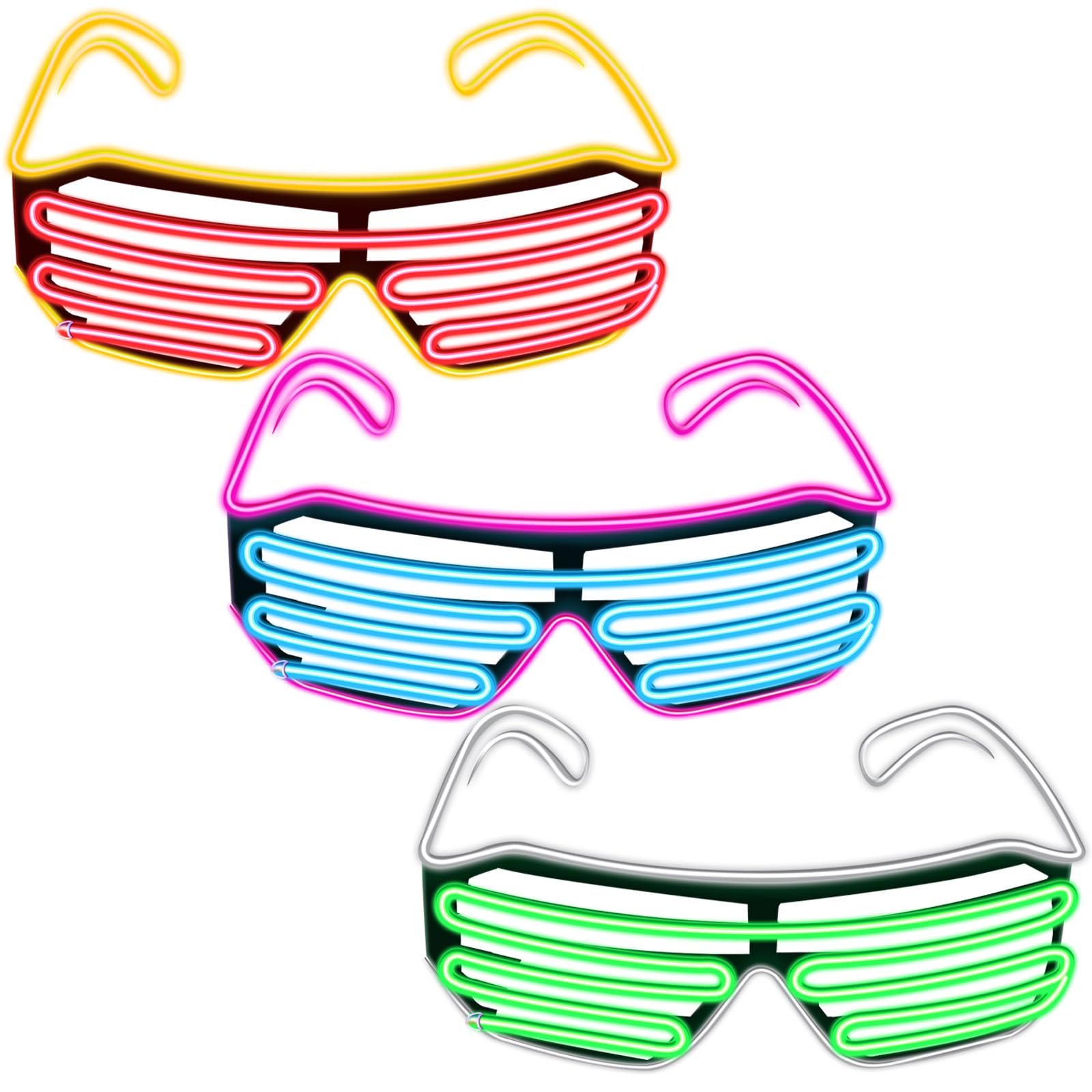 TOODOO 3-Piece LED Light Up Glasses - Glow in The Dark Party Glasses for Rave, 80s Theme Party, Halloween & Night Events - Fun Neon Glow Accessories for Concerts, Clubs & Festivals