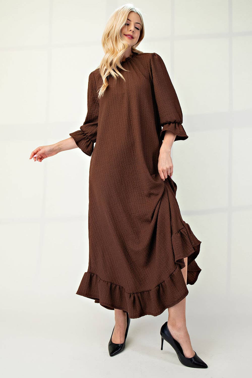 Plus Size Maxi Dress with Puff Sleeves - Brown Flowy Long Dress for Women 1XL | Casual Summer Dress for Beach, Party & Everyday Wear