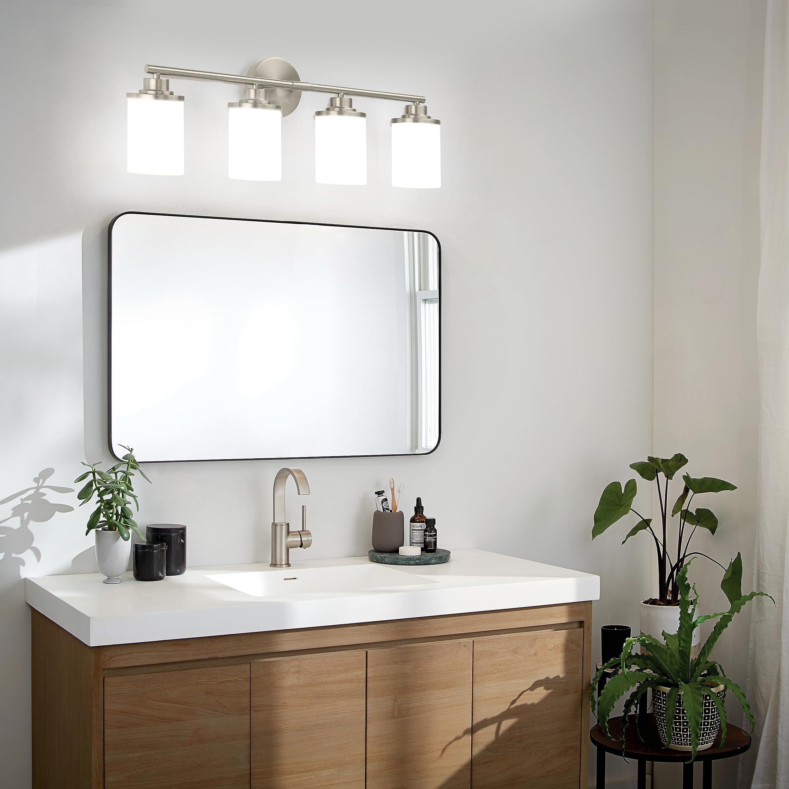 Modern Brushed Nickel Bathroom Vanity Light Fixture - 4-Light Frosted Glass Sconce for Mirror Lighting, Perfect for Bathroom, Powder Room & Dressing Room Makeup Area