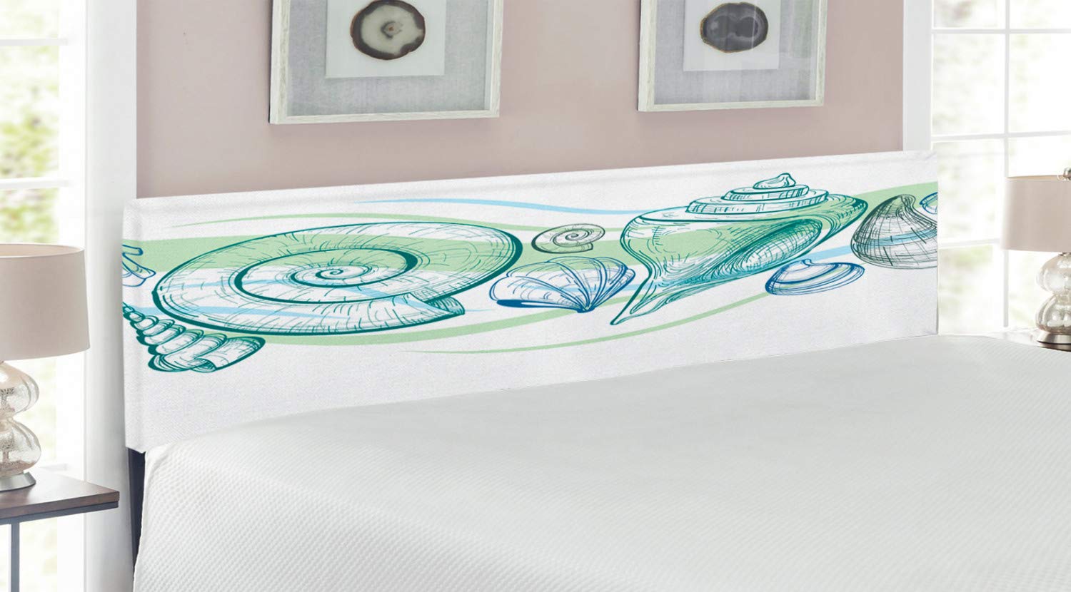 Ambesonne Seashells King Size Upholstered Headboard - Pastel Mollusk Sketch & Sea Elements Decor, Memory Foam Bed Headboard in White & Green | Perfect for Coastal, Nautical & Beach-Themed Bedrooms