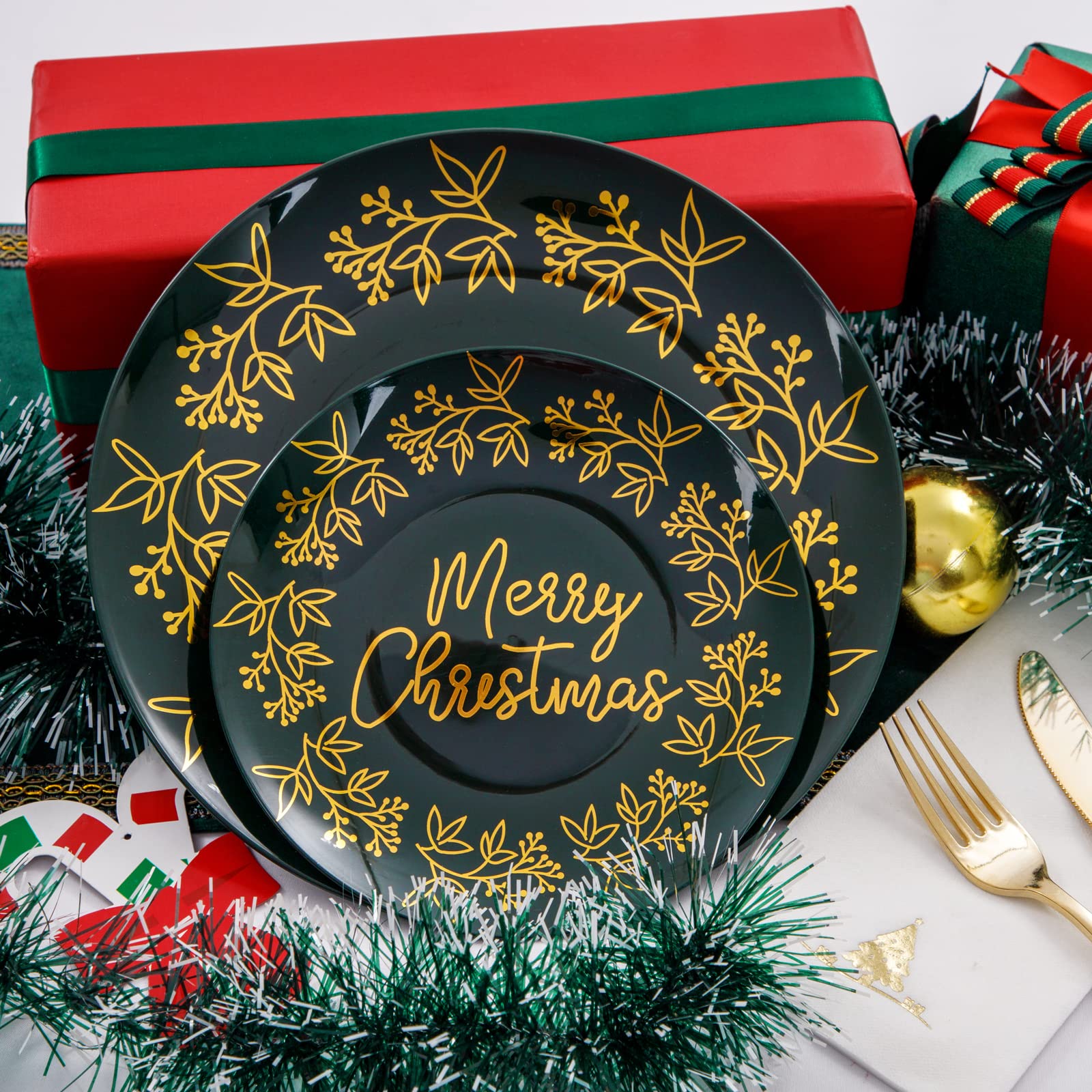 Morejoy 175-Piece Green and Gold Christmas Plastic Dinnerware Set - Plates, Cutlery, Cups & Napkins for Holiday Parties, Family Gatherings & Festive Celebrations