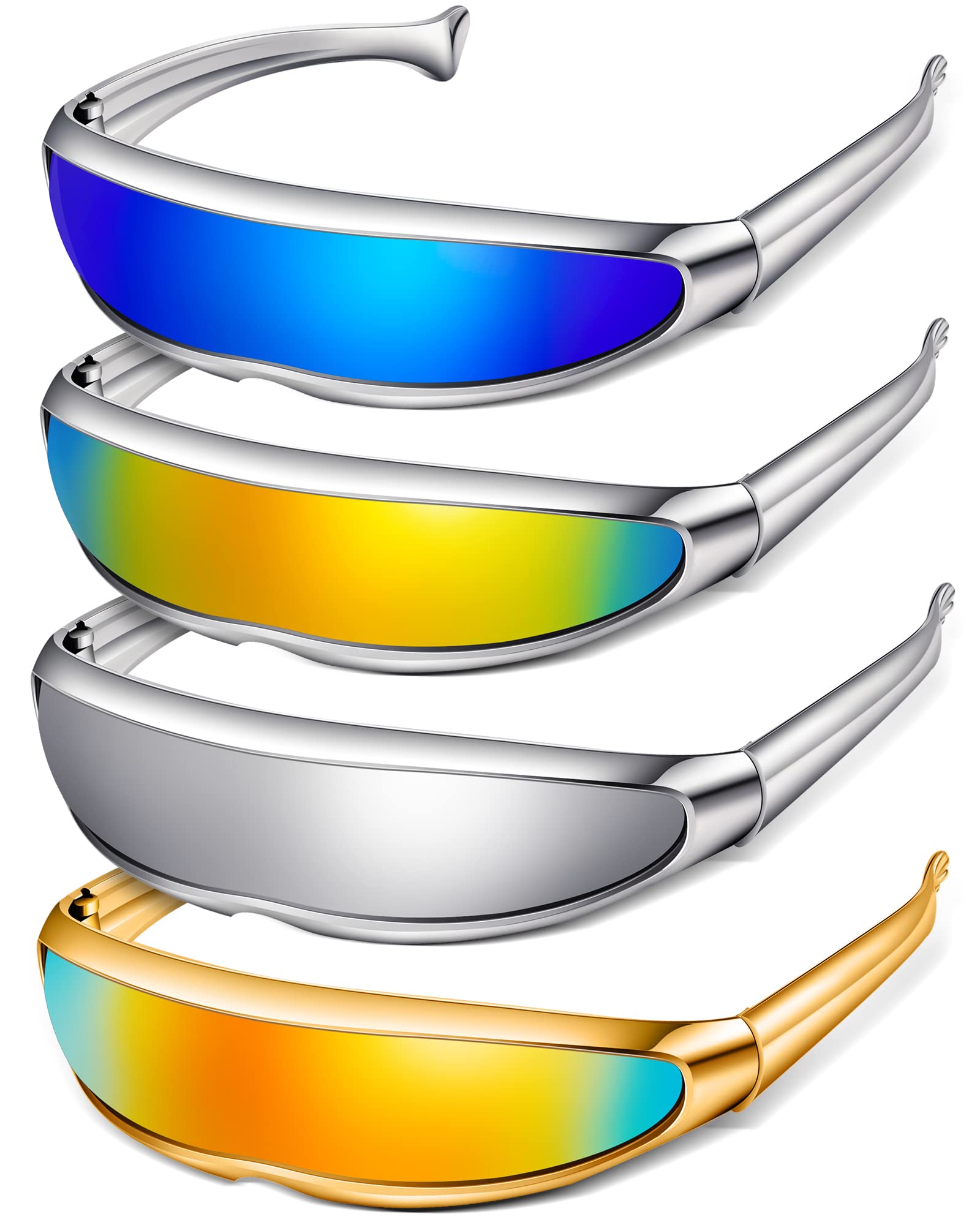 4 Pairs Futuristic Narrow Cyclops Sunglasses with Color Mirrored Lenses - Robot & Space Costume Accessories for Cosplay, Halloween, and Sci-Fi Events
