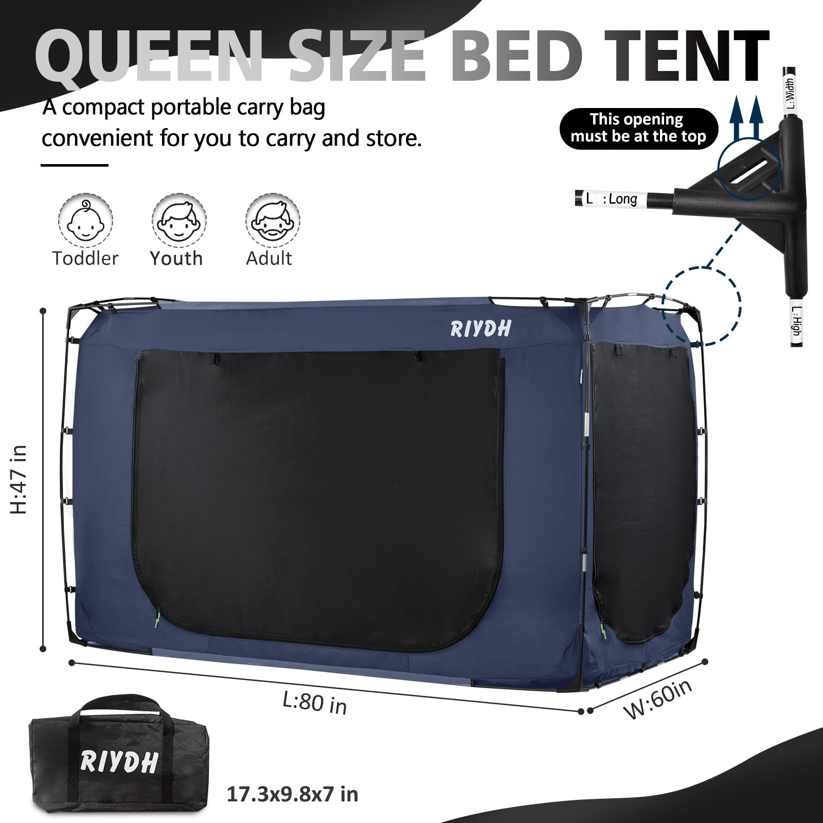 Queen Size Bed Tent Canopy for Adults & Kids - Portable Indoor Sleeping Tent with 93% Blackout, 3 Doors & Breathable Design - Perfect for Camping, Sleepovers, Privacy & Relaxation