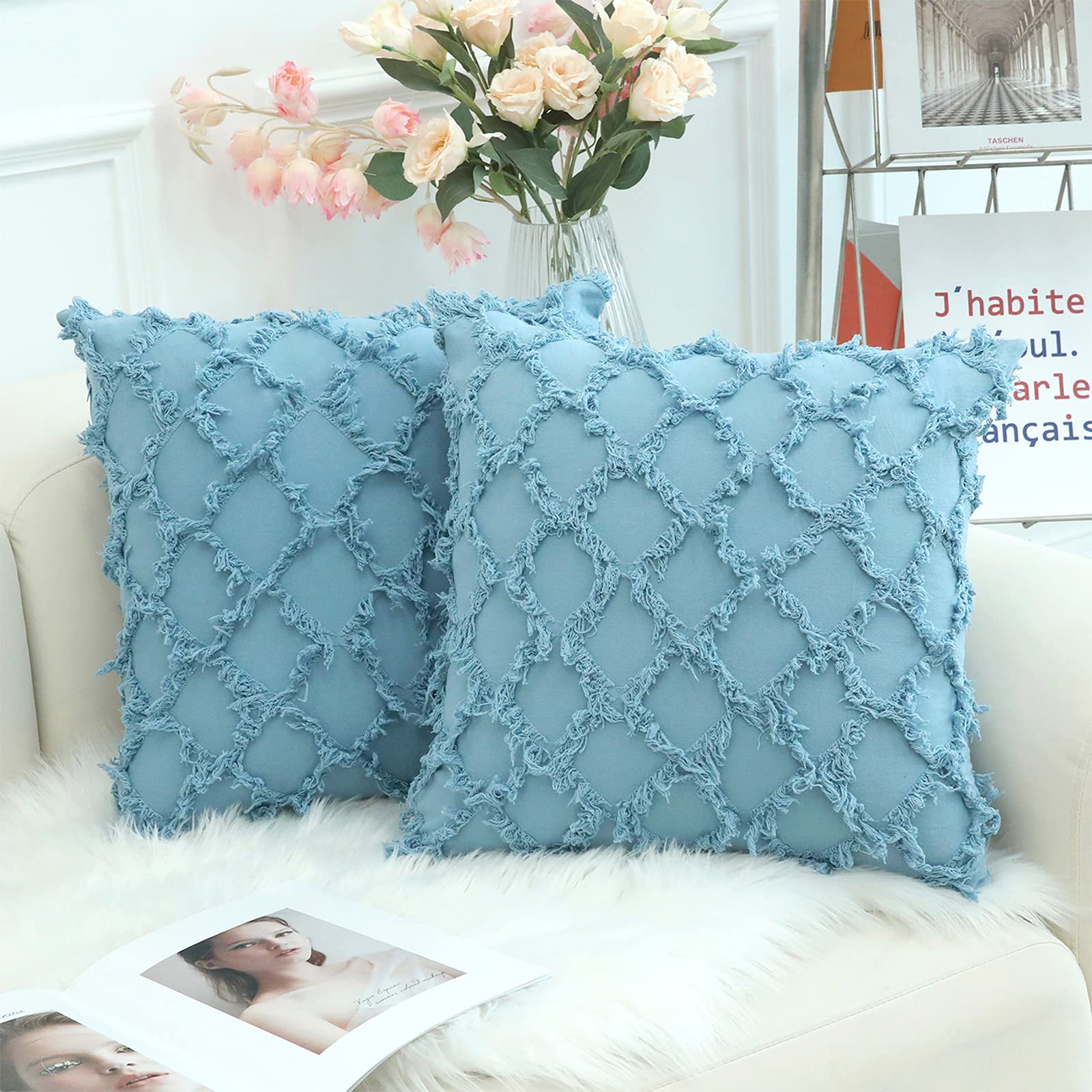 Boho Light Blue Decorative Pillow Covers 24x24 Inch - Pack of 2 Cotton Throw Pillow Covers for Sofa, Couch & Bed - Home Decor Living Room & Bedroom Accent