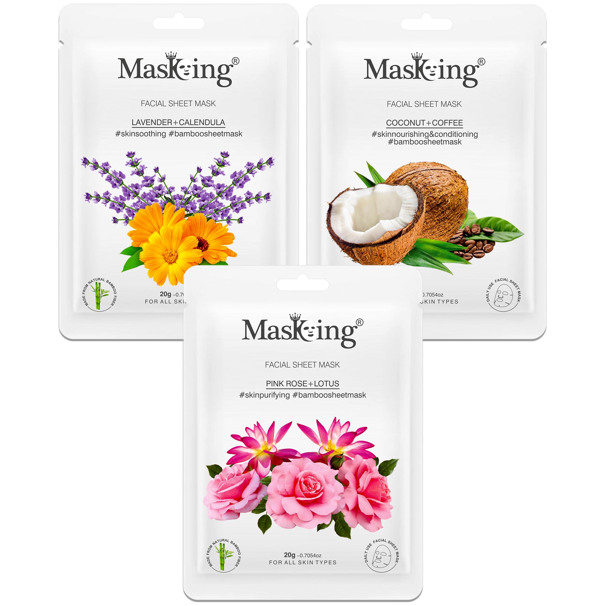 MasKing Rose, Lotus, Coconut & Calendula Facial Sheet Mask Set - 3 Pack Hydrating Face Masks for Women & Teens | Perfect for Spa Night, Self-Care Routine & Gift Giving