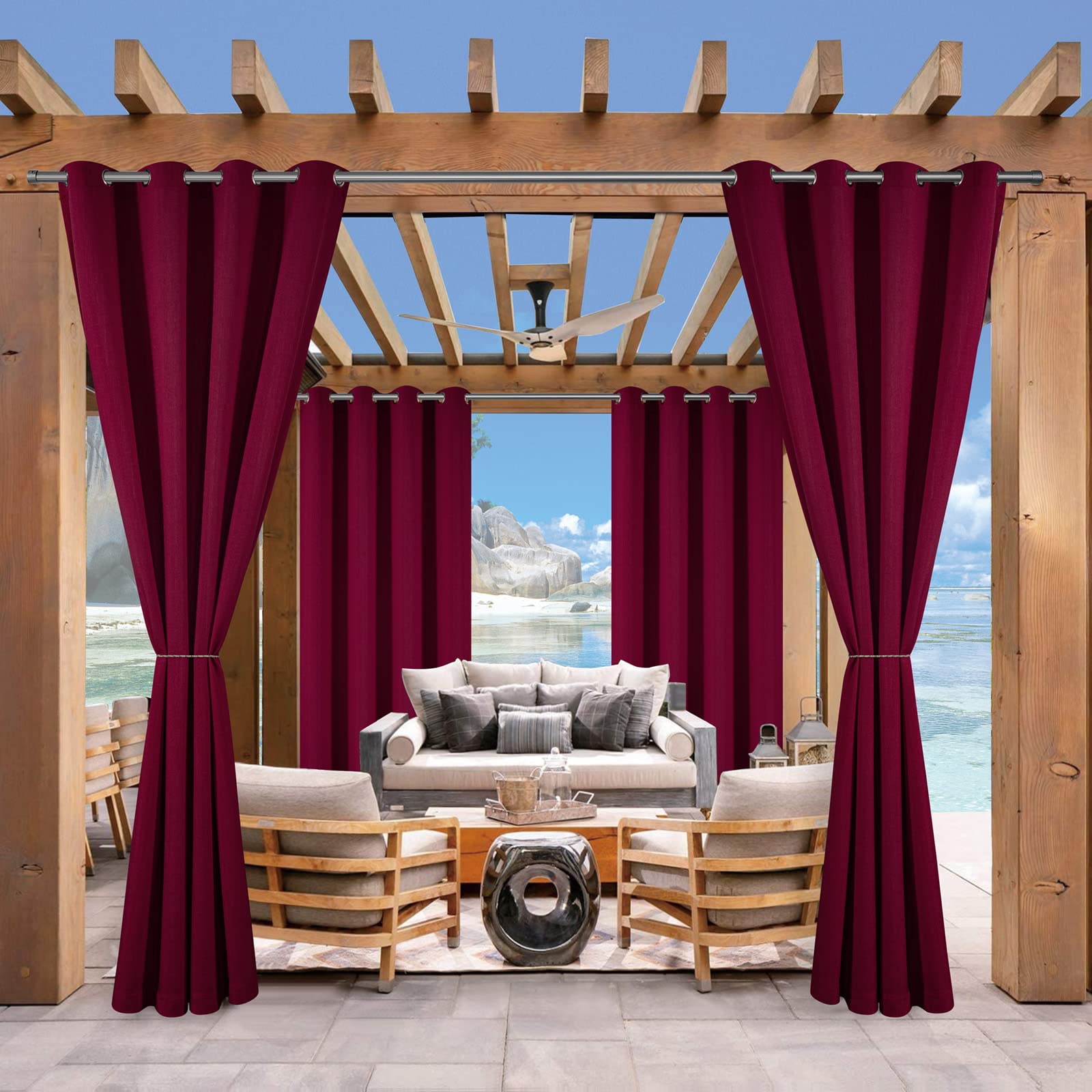 Voday 84x120 Inch Outdoor Curtains for Patio - Waterproof Sun Blocking Faux Linen Drapes with Rustproof Rings - Privacy Room Darkening Curtains for Pergola, Cabana, Porch & Backyard Relaxation