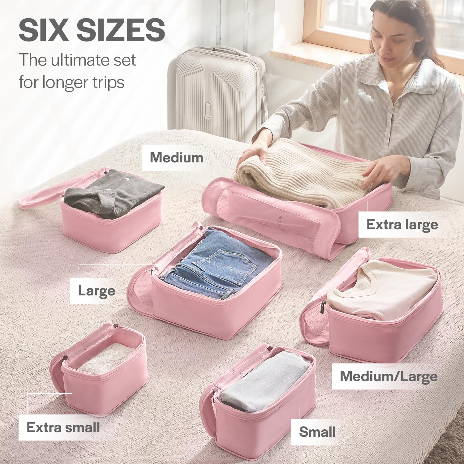 6-Pack Pink Compression Packing Cubes for Travel - Double Zipper Luggage Organizer Bags for Suitcases - Perfect for Business Trips, Vacations & Weekend Getaways