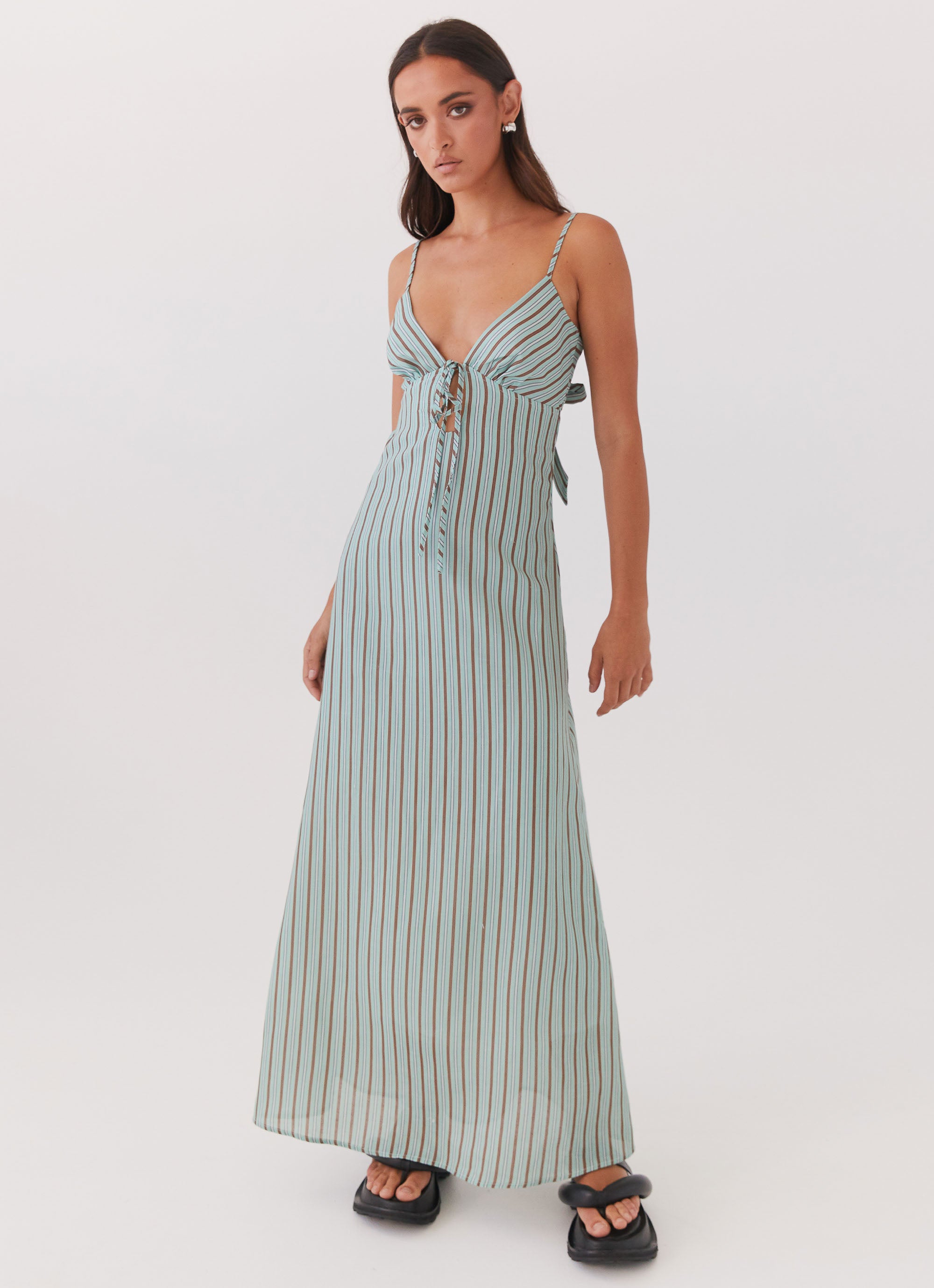 Flora Linen Maxi Dress - Coastal Stripe Summer Beach Dress for Women | Boho Chic Long Dress for Vacation, Wedding Guest & Outdoor Date