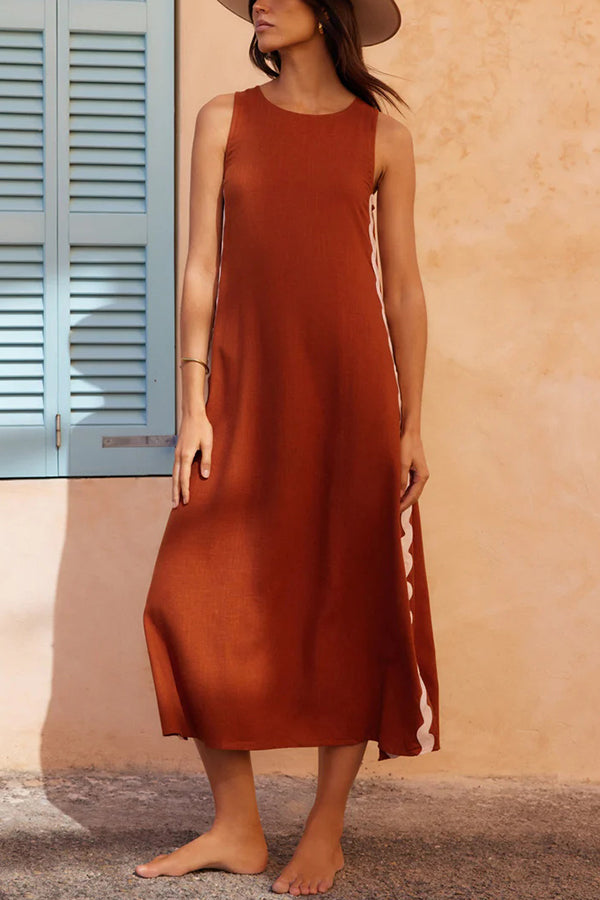 Elegant Boho Maxi Dress with Ric Rac Wave Trim - Flowy Loose Fit for Beach Vacations & Summer Getaways