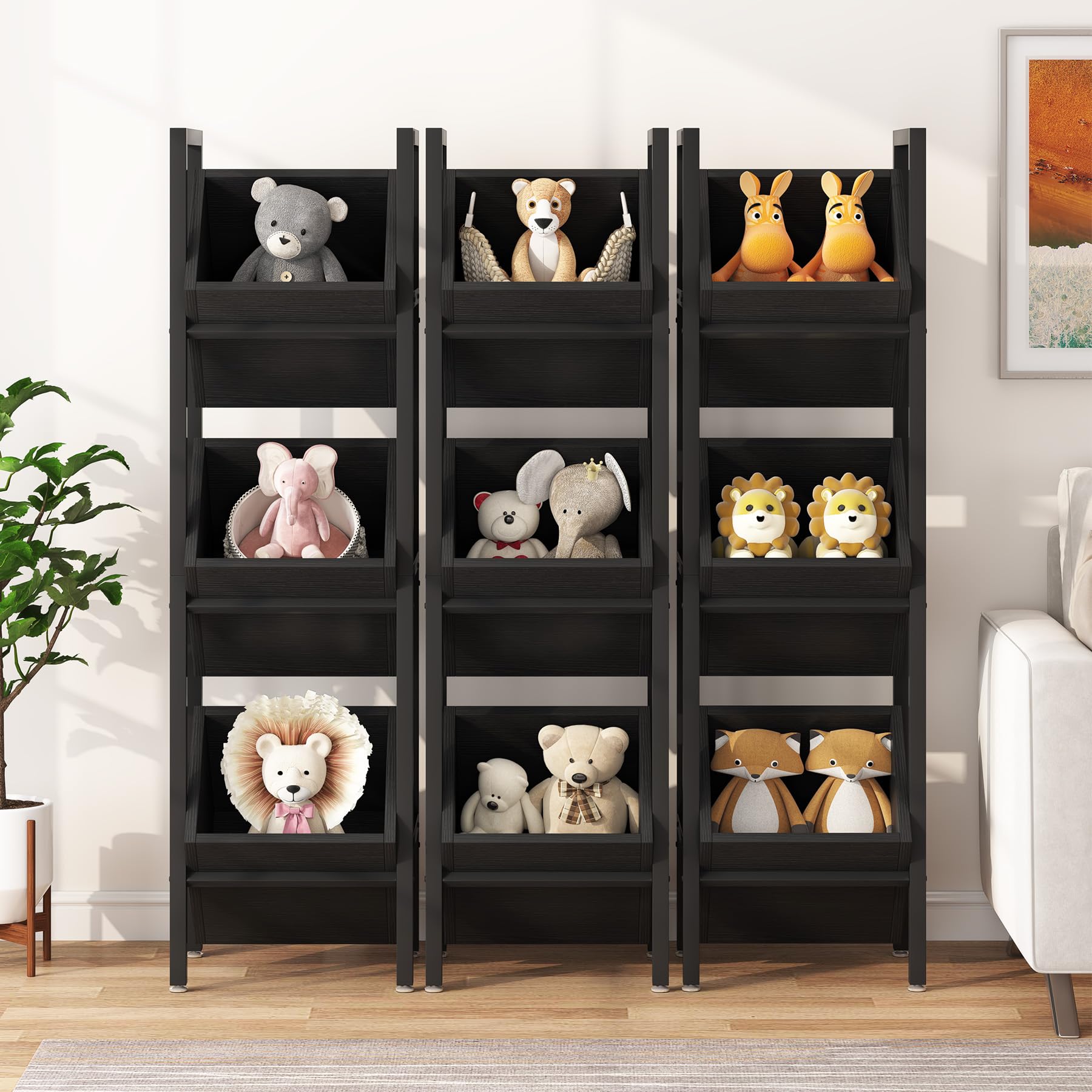 Tribesigns 3-Tier Wooden Basket Stand - Rustic Vertical Storage Organizer with Baskets for Kitchen, Bathroom & Living Room - Perfect for Fruits, Snacks, Towels & Home Decor (Black)