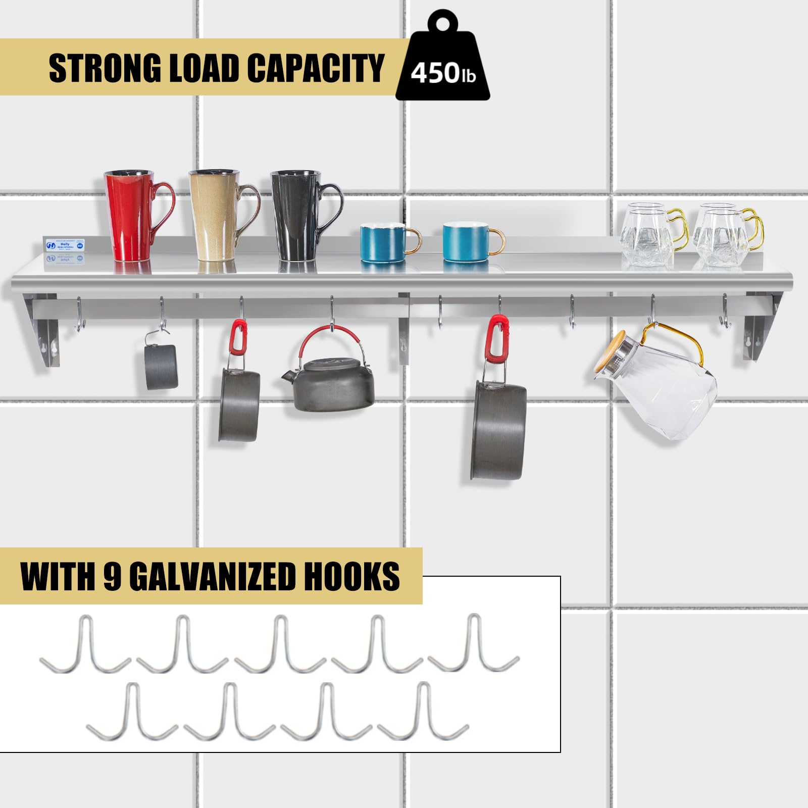 Stainless Steel Wall Mounted Shelf with 9 Hooks - 14