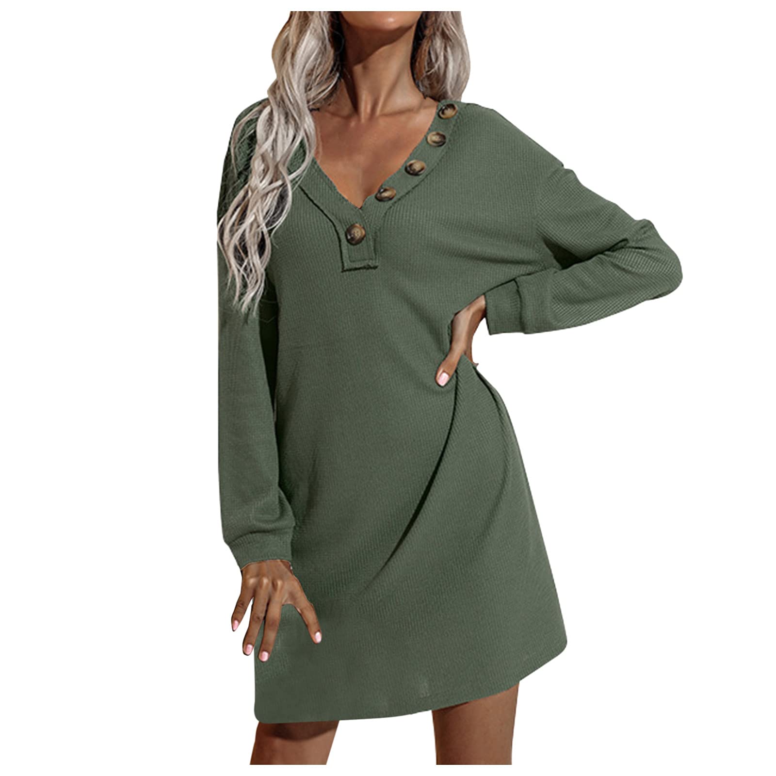 Plus Size Black Spring Dresses for Women - Knit Sweater Long Sleeve V-Neck Button Mini Dress in Solid Color | Perfect for Casual Outings, Date Nights & Spring Weddings