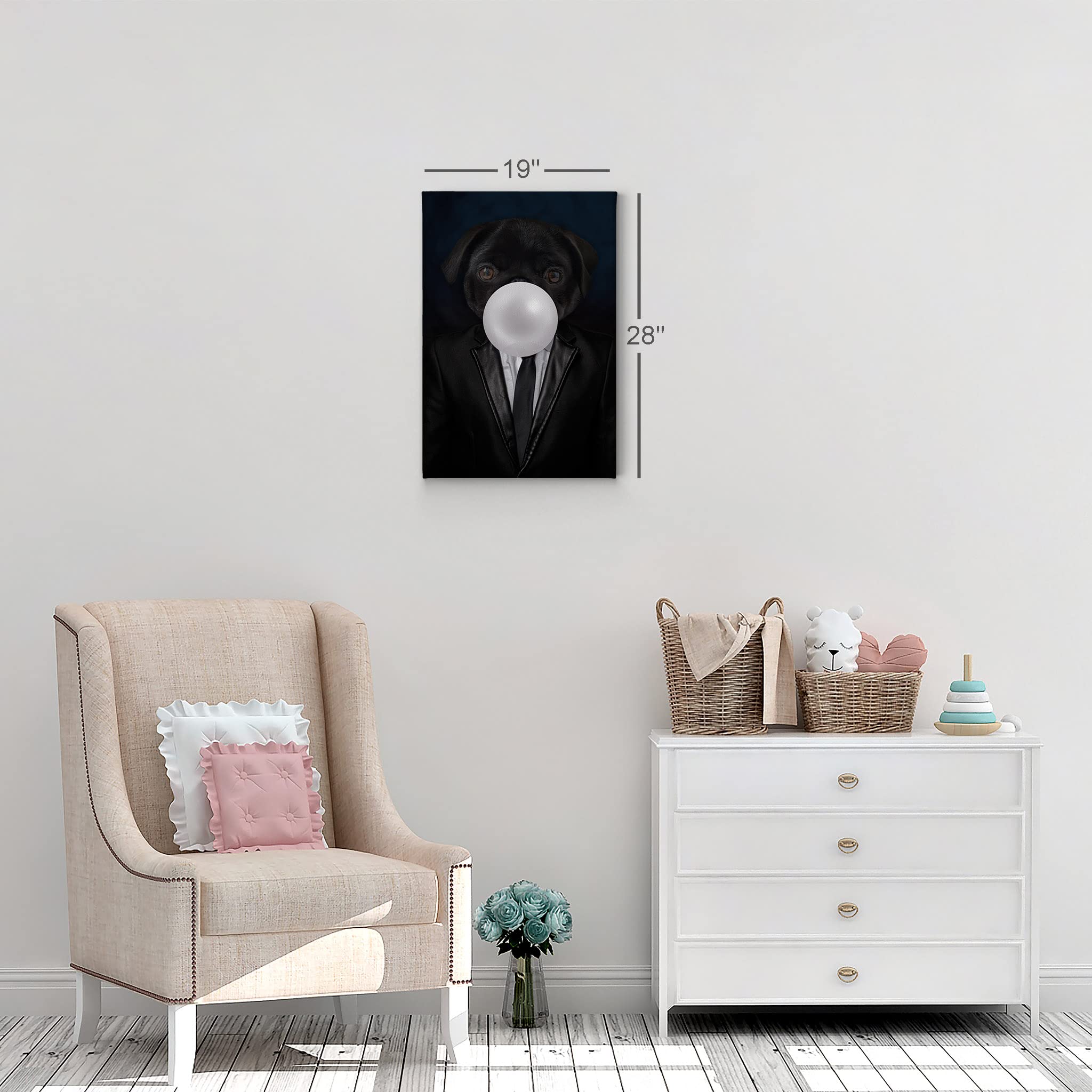 Pug Dog Portrait in Suit Chewing Bubble Gum - Canvas Wall Art Print for Pet Lovers, Pop Art Decor for Office, Living Room, Bedroom & Nursery - 40x30 Inches - Perfect Gift for Dog Enthusiasts & Unique Home Decor