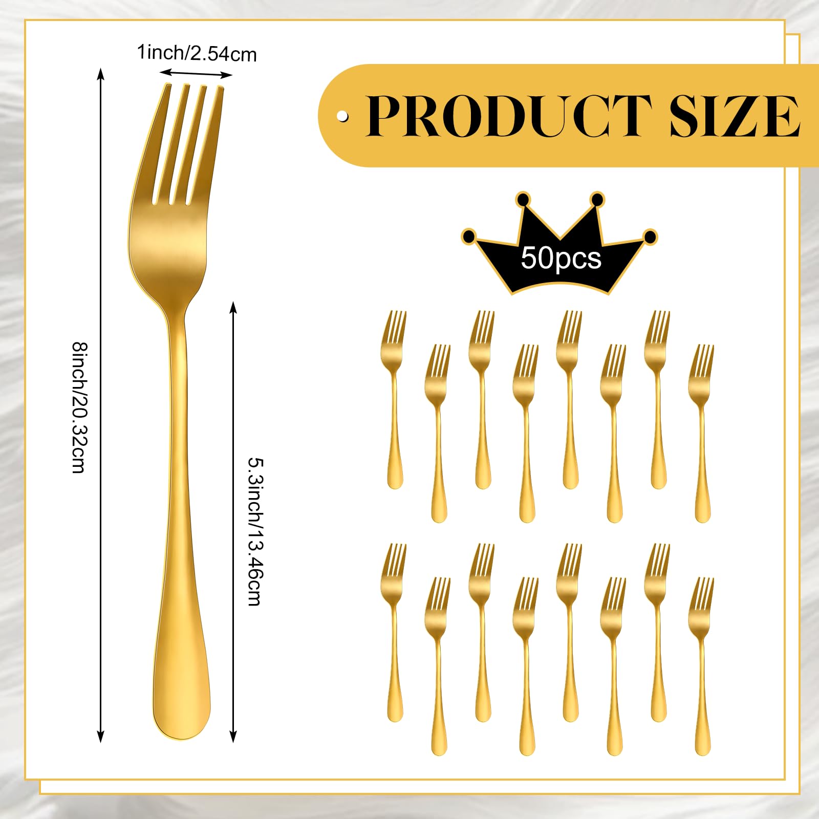 50Pcs Gold Stainless Steel Dinner Forks 8 Inch - Premium Mirror Polished Cutlery Set for Home, Restaurant & Kitchen Use - Dishwasher Safe Forks Ideal for Salad, Dessert, Steak, Pasta & Fine Dining - Elegant Tableware for Weddings, Parties & Formal Events