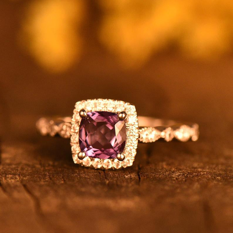 Alexandrite Diamond Engagement Ring - Marquise Shaped 6mm Cushion Cut Color Changing Gemstone Ring, Art Deco Style for Wedding Proposal & Anniversary Gifts