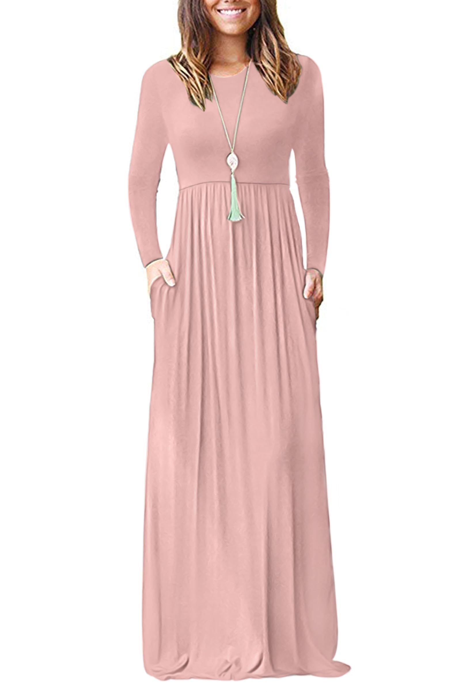 MISFAY Women's Long Sleeve Loose Plain Maxi Dress with Pockets - Casual Flowy Long Dress for Everyday Wear, Beach, Travel & Date Night