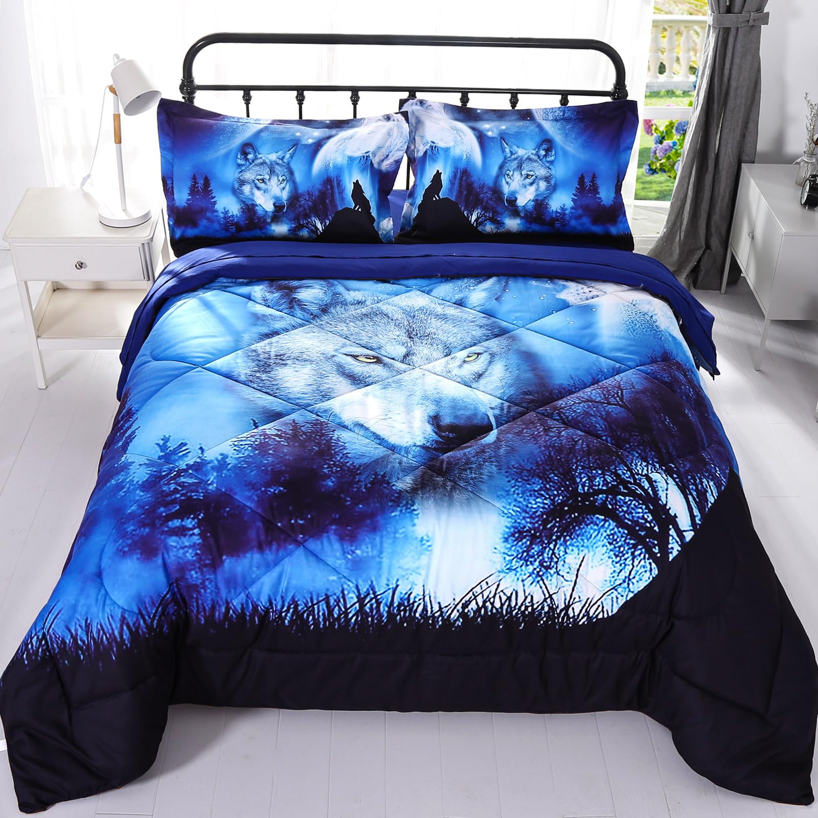 Wowelife 5-Piece Full Size Wolf Bedding Set - 3D Blue Kids Comforter with Breathable Comforter, Flat Sheet, Fitted Sheet & 2 Pillowcases | Perfect for Boys' Room, Teen Bedroom & Wildlife Themed Decor