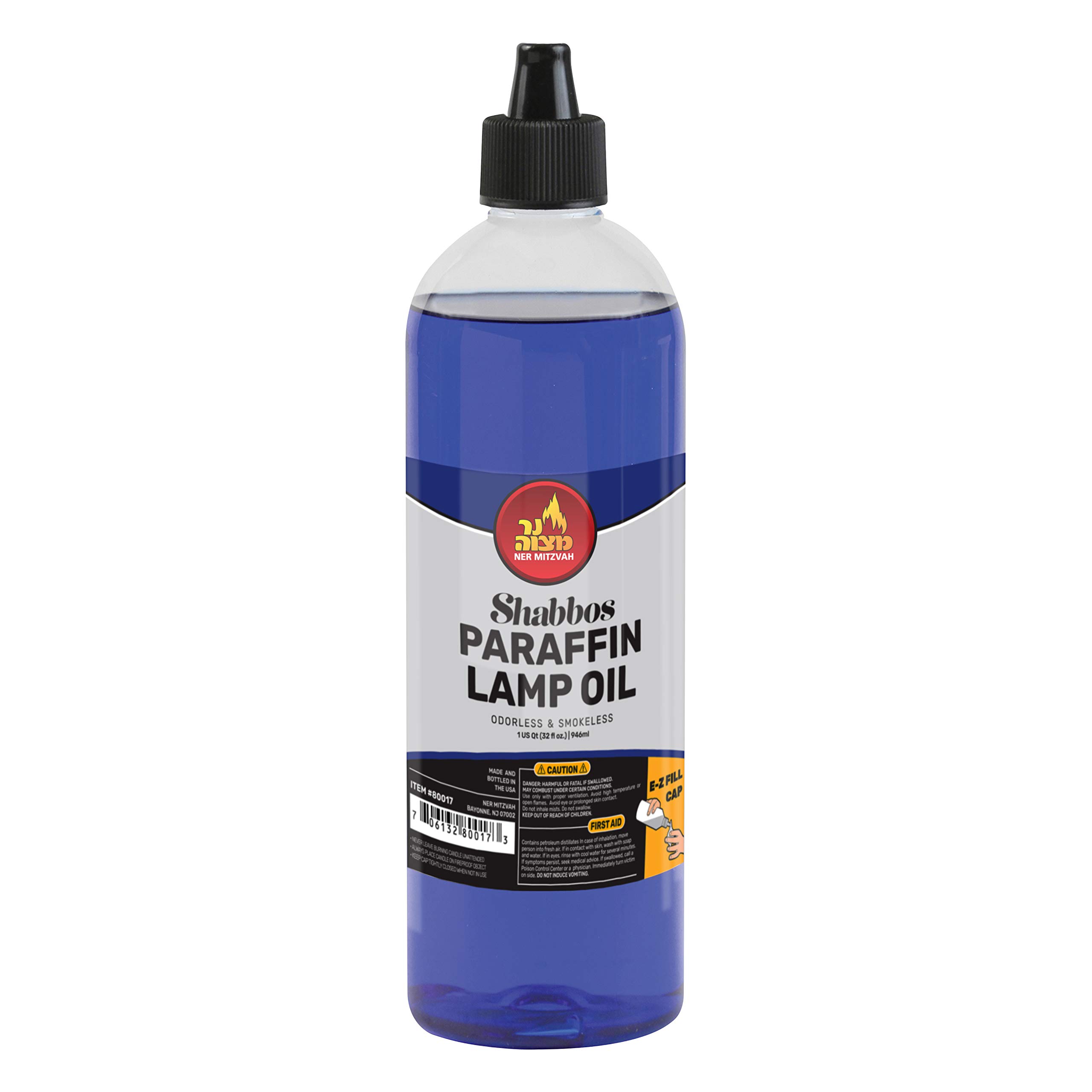 Ner Mitzvah Premium Paraffin Lamp Oil - 32oz Smokeless, Odorless, Clean Burning Fuel for Indoor & Outdoor Use - Easy Fill Cap & Pouring Spout - Perfect for Shabbat Candles, Emergency Lighting & Decorative Lanterns