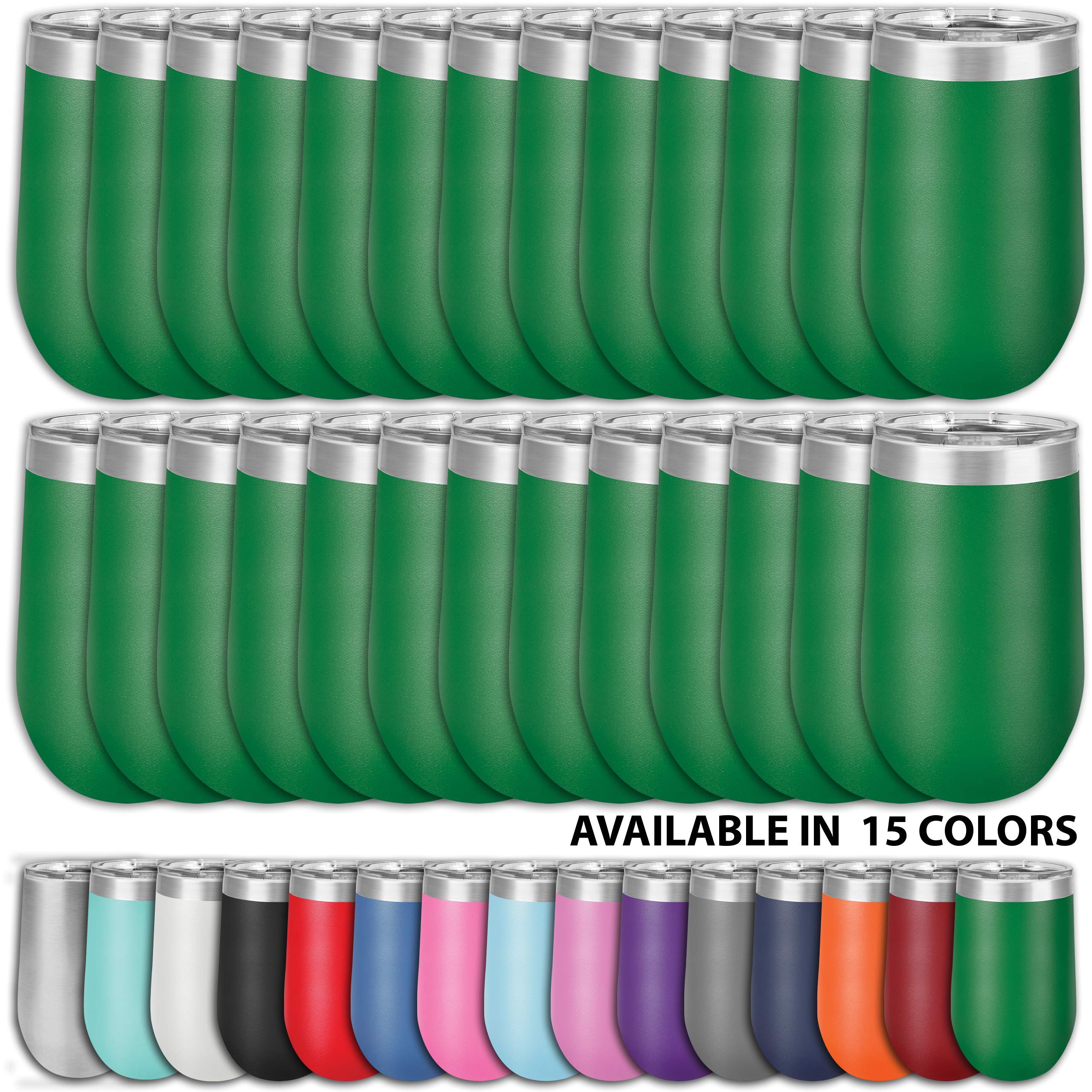 Clear Water Home Goods - 24-Pack 16 oz Stainless Steel Wine Tumblers with Lids, Vacuum Insulated Double Wall Stemless Cups, 18/8 Powder Coated in Green - Perfect for Outdoor Picnics, Parties, and Everyday Use