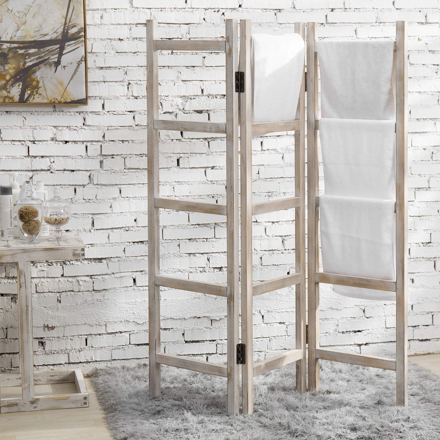 MyGift 3-Panel Whitewashed Solid Wood Blanket Ladder & Towel Rack - Decorative Freestanding Folding Room Divider for Blankets, Quilts, Throws, Towels, Clothing | Perfect for Living Room, Bedroom, Bathroom Organization & Farmhouse Decor