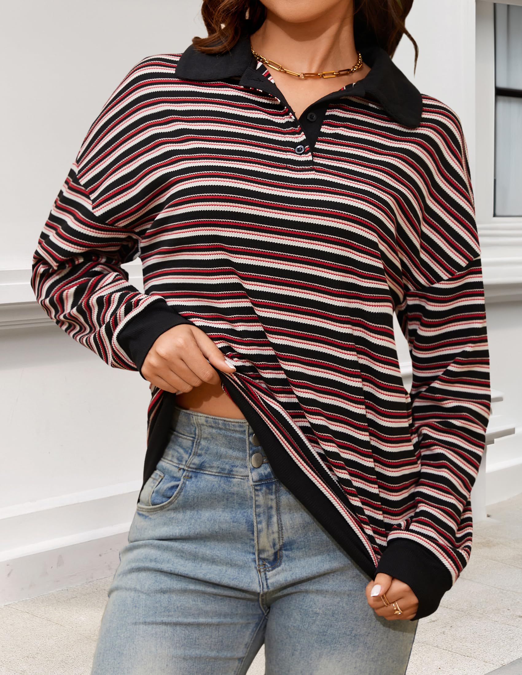 NENONA Women's Long Sleeve Oversized Button Down Shirt - Striped V-Neck Lightweight Waffle Knit Henley Top for Casual Wear, Layering & Fall Outfits