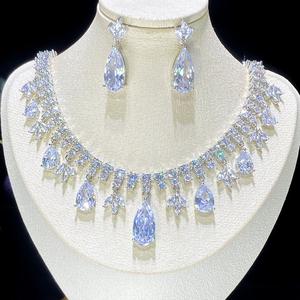 Elegant Droplet Cubic Zirconia Tassel Bridal Jewelry Set - Necklace & Earrings for Wedding, Prom, Evening Gala & Special Occasions | Perfect Gift for Bride, Bridesmaids & Formal Events