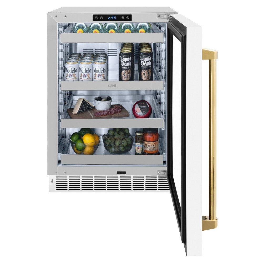 ZLINE Autograph Edition 24 Inch Touchstone 151 Can Beverage Refrigerator - White Matte Glass Door with Polished Gold Handle - Compact Wine & Beer Cooler for Kitchen, Bar, Office, or Man Cave (RBSOZ WM 24 G)