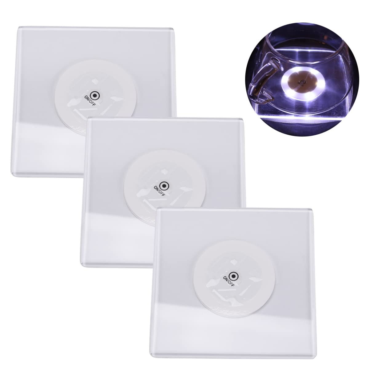 3pcs Ultra-Thin LED Coasters with Glitter Base - Glowing Drink Mats for Cocktails, Beer & Wine - Perfect for Bars, Parties & Home Entertaining