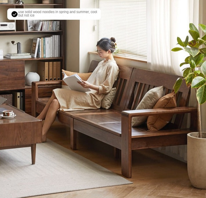 Premium Black Walnut Solid Wood Fabric Sofa - Modern Nordic Style 2-in-1 Convertible Sofa Bed for Living Room & Guest Room | Durable & Stylish Home Furniture
