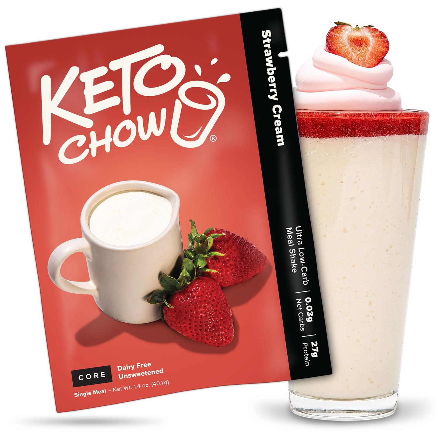 Keto Chow Strawberry Cream (Unsweetened) - Low Carb Keto Meal Replacement Shake Powder - Nutritionally Complete Protein Shake - Dairy Free, Gluten Free - Perfect for Weight Loss, Busy Mornings & On-the-Go Nutrition