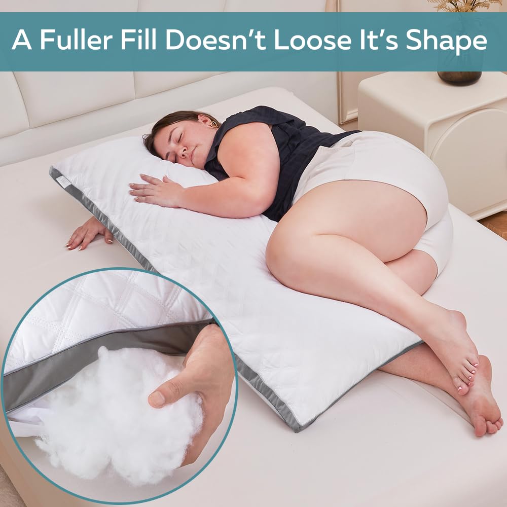 Premium Adjustable Loft Quilted Body Pillow with 100% Cotton Pillowcase - All Seasons Comfort in Light Grey | Perfect for Pregnancy Support, Back Pain Relief & Lounging