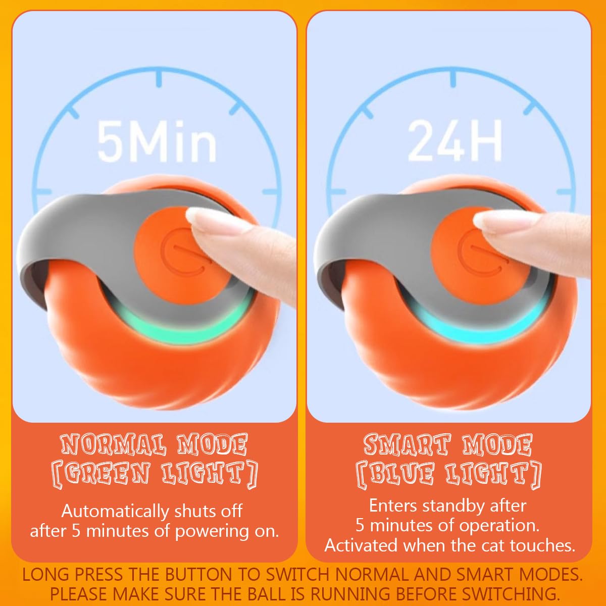 Interactive Cat Ball Toy 2.0 - Smart Automatic Cat Toy with 3 Tails & 2 Speed Modes, Obstacle Avoidance for Indoor Cats - Fun Exercise Toy for Small/Medium/Large Cats (Orange) - Perfect for Playtime, Boredom Relief & Keeping Active Indoor Cats Entertained