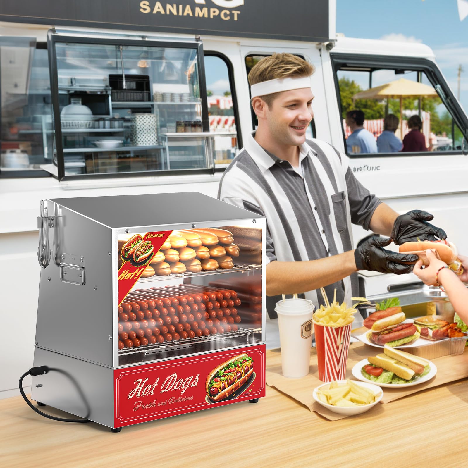 ROVSUN 32QT/30L Commercial Hot Dog Steamer with Bun Warmer – 2-Tier Stainless Steel Hot Dog Cooker for 175 Hot Dogs & 40 Buns – Perfect for Party Events, Concession Stands & Food Trucks – Removable Shelves & Food Clip Included