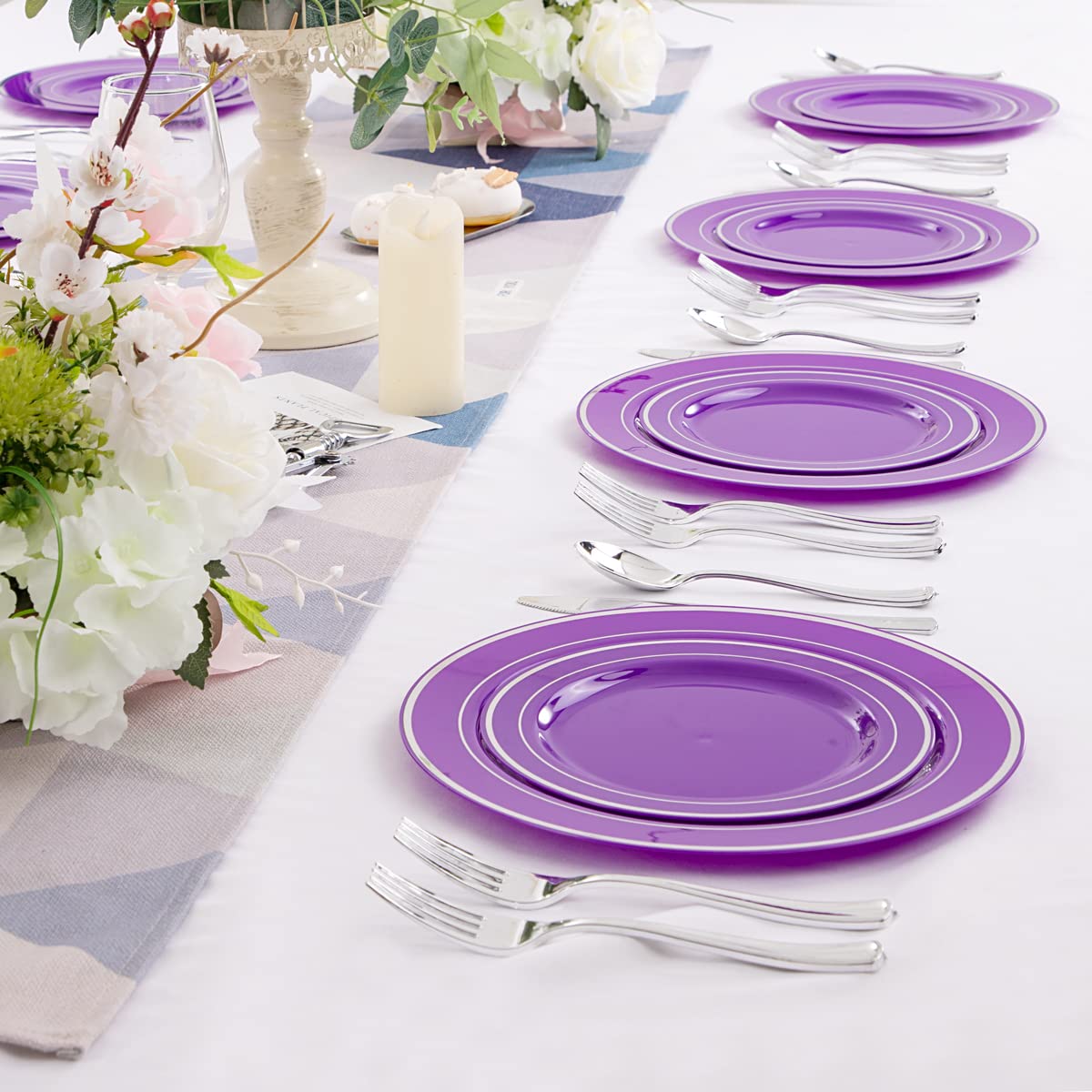 WELLIFE 200-Piece Purple & Silver Plastic Dinnerware Set - 40 Dinner Plates, 40 Dessert Plates, 40 Forks, 40 Knives, 40 Spoons - Elegant Disposable Tableware for Wedding, Party, Birthday, Bridal Shower & Special Events