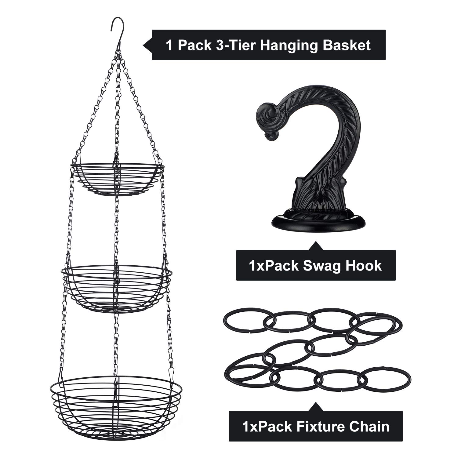 3-Tier Hanging Fruit Basket Organizer - 16 Inch Adjustable Wire Storage Basket with Ceiling Hook for Fruits, Vegetables, Snacks & Household Items - Space Saving Kitchen Storage Solution for Pantry, Balcony or Small Apartments (Black)
