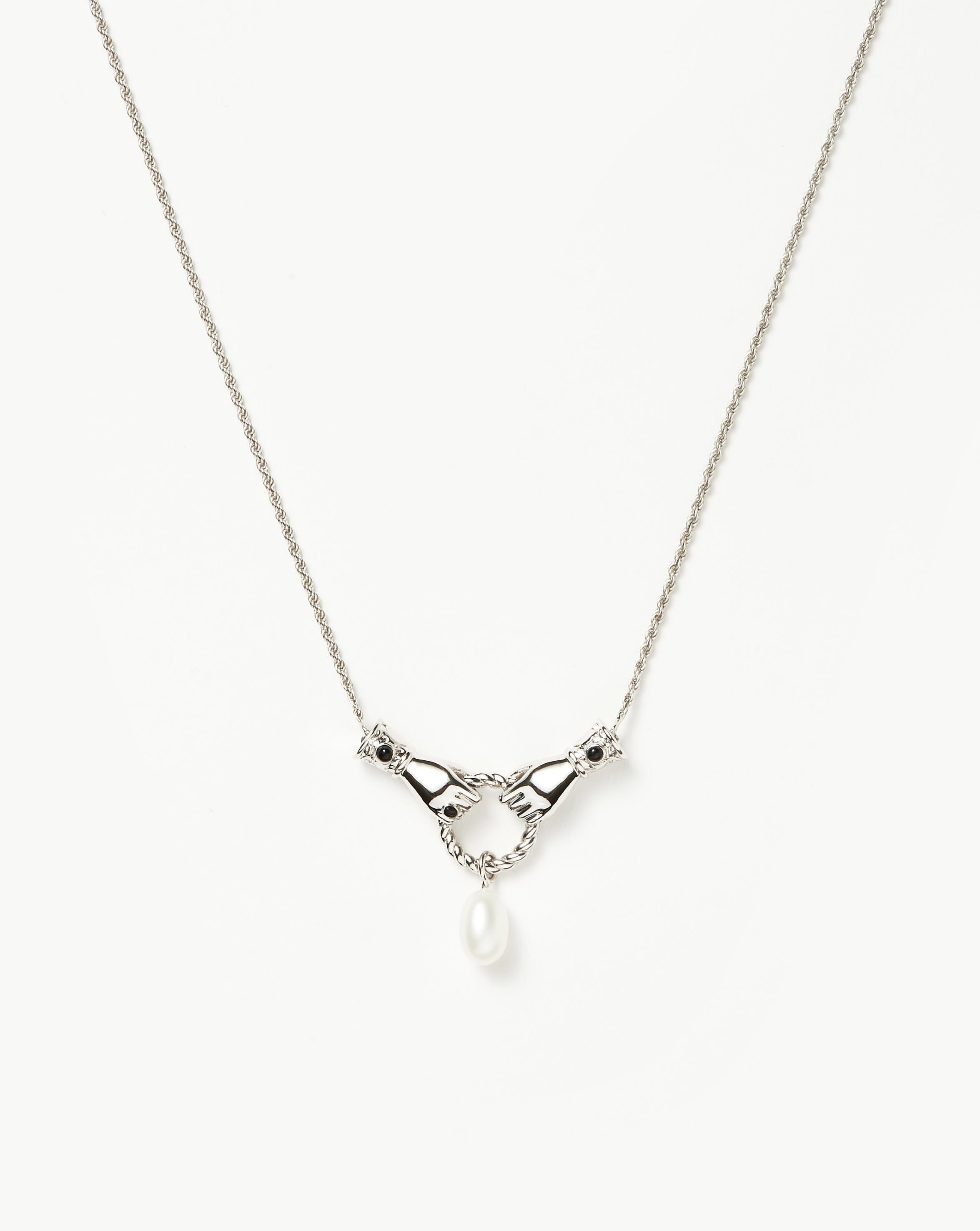 Harris Reed In Good Hands Drop Pendant Necklace - Silver Plated with Pearl & Black Onyx | Elegant Layering Necklace for Women | Perfect for Evening Parties, Weddings & Special Occasions