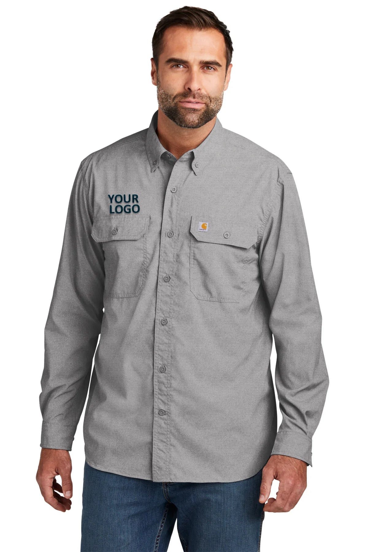 Carhartt Force Long Sleeve Custom Work Shirts for Men - Steel Gray - Durable Cotton T-Shirts for Construction, Landscaping & Outdoor Work