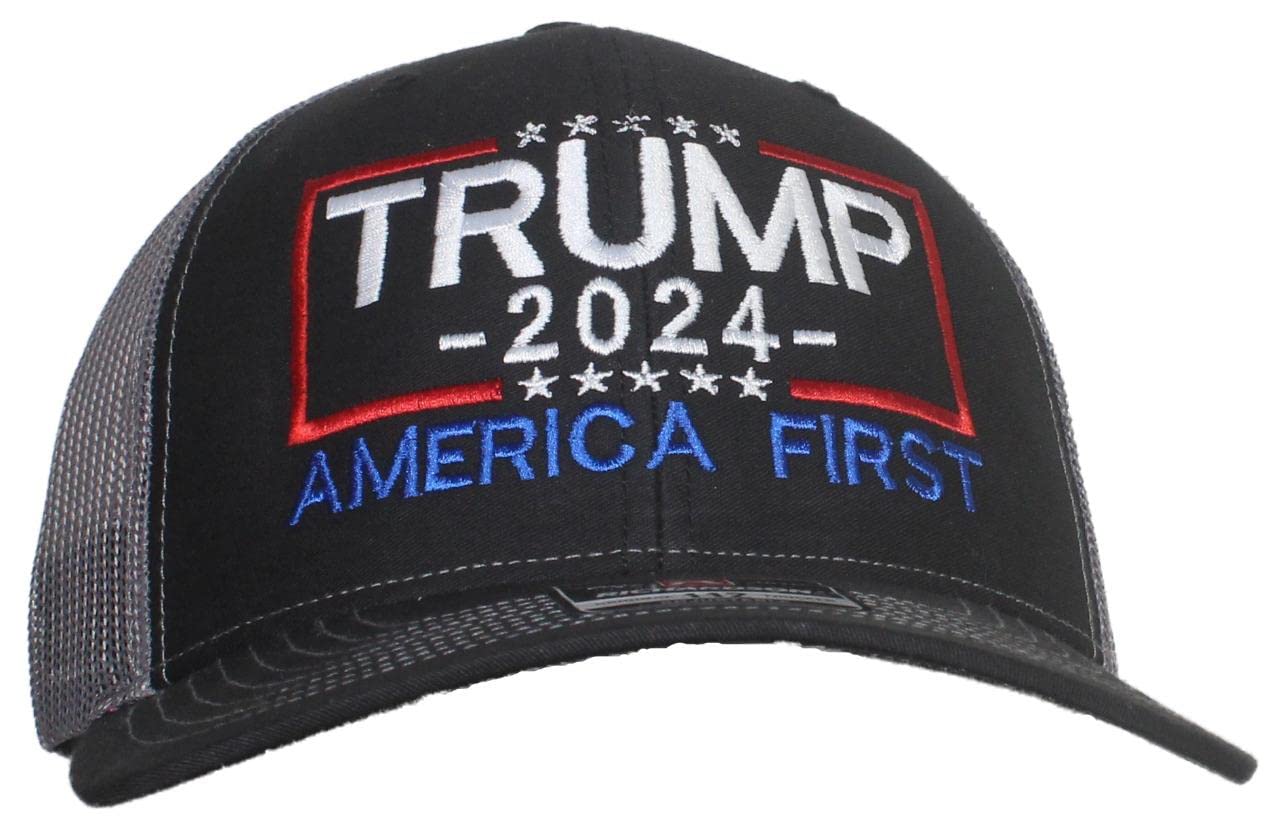 Tropic Hats for Men - Embroidered 'America First' 6-Panel Trucker Cap - Trump 2024 Campaign Hat - Perfect for Outdoor Activities, Political Events & Casual Wear