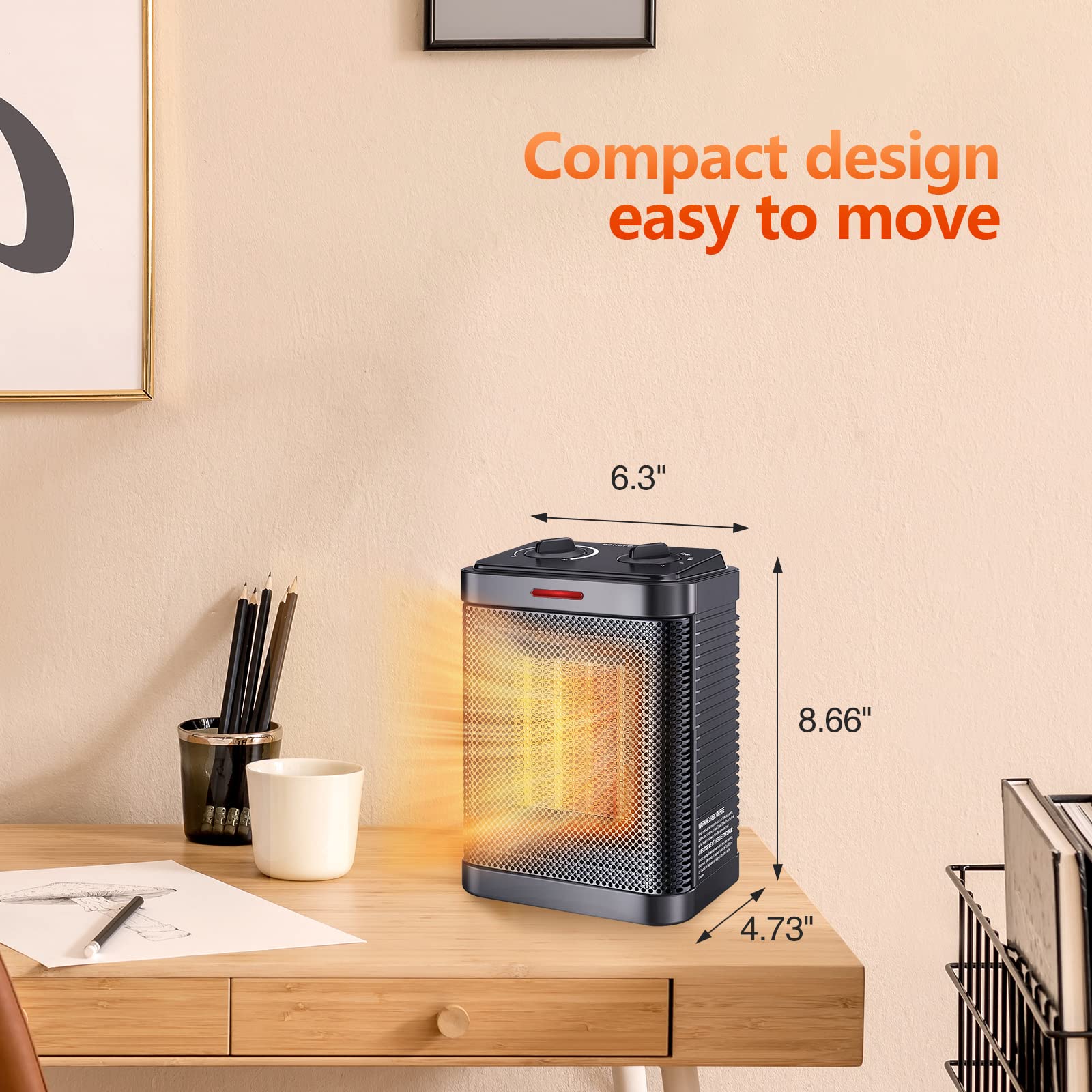 1500W PTC Ceramic Space Heater with Thermostat - 2S Rapid Heating, 3 Modes, Quiet & Safe Electric Heater for Bedroom, Office, Indoor Use - Portable Small Heater with Safety Protection for Home & Workspace