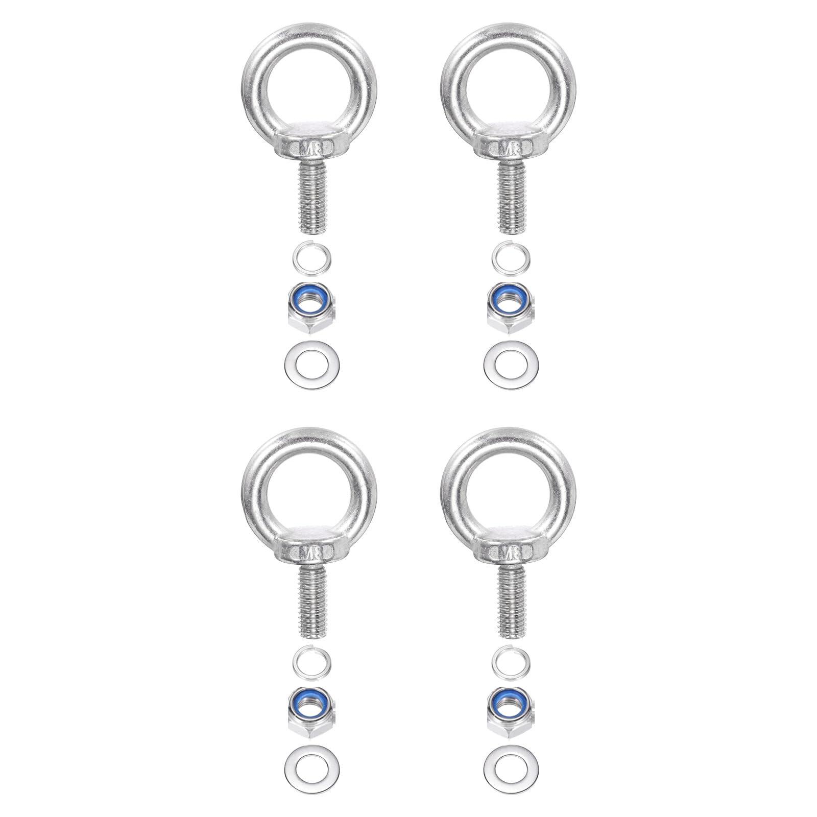 304 Stainless Steel M8 x 20mm Lifting Shoulder Eye Bolt with Nuts & Washers - 4Pcs Heavy Duty Eyebolt for Hanging Hammocks, Swing Chairs, Outdoor Decor & Home Improvement Projects