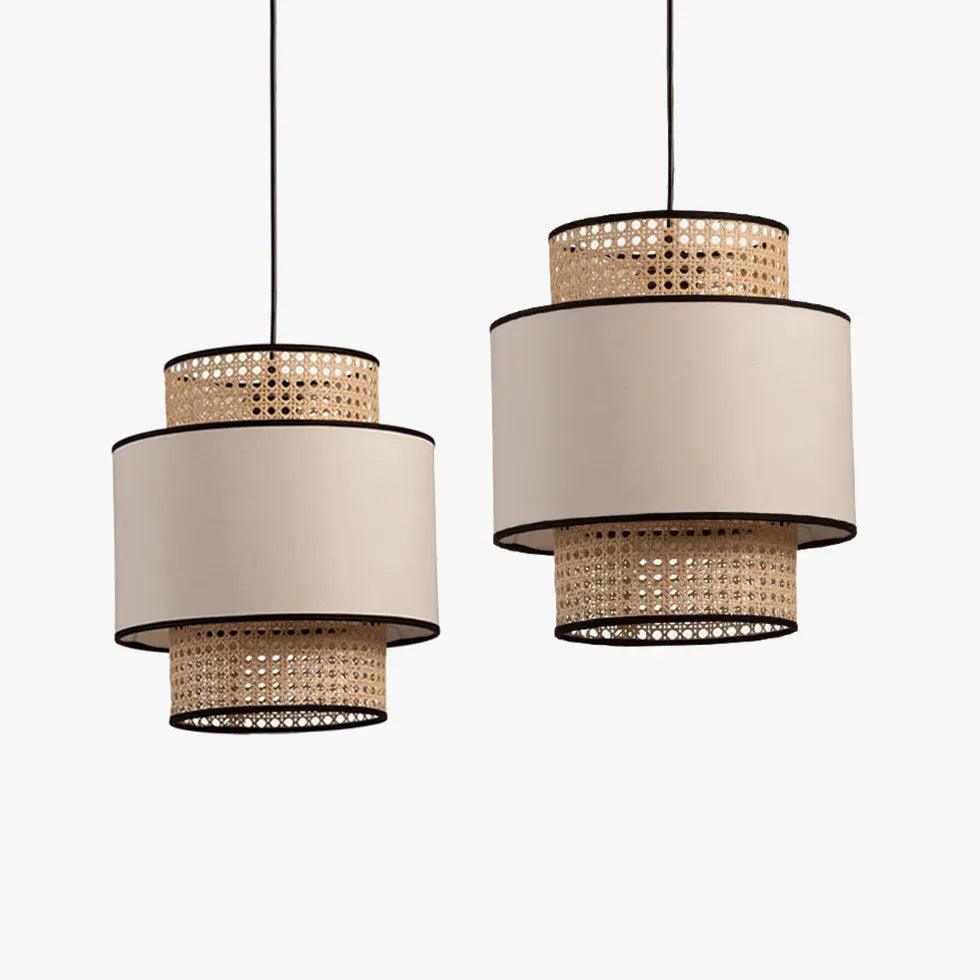 Rattan and PVC Double Layer Cylindrical Pendant Light - Modern Boho Ceiling Fixture for Dining Room, Bedroom, or Living Room Decor