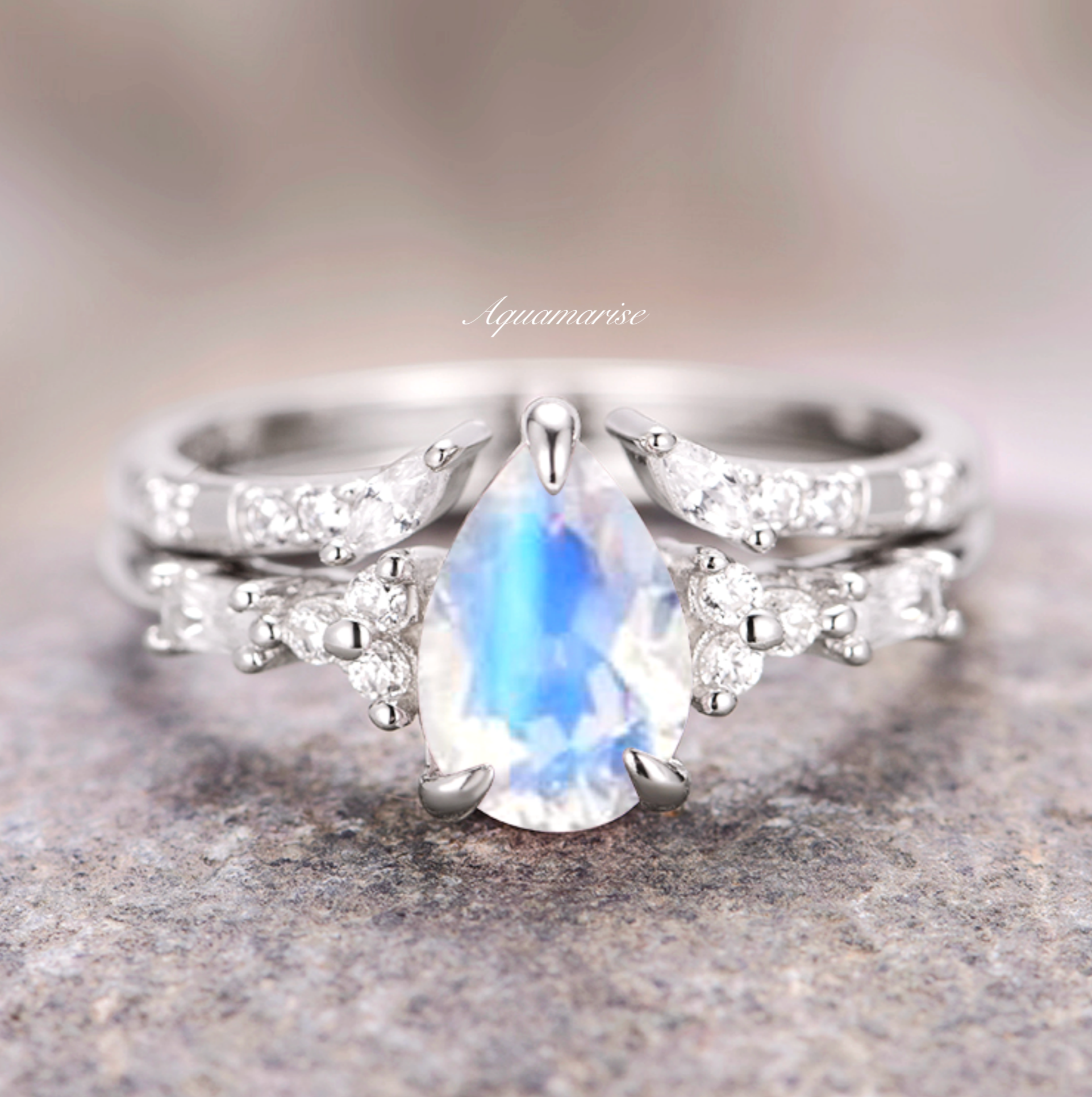 Natural Moonstone Teardrop Ring Set - Sterling Silver Jewelry for Women, Elegant Boho Style for Everyday Wear & Special Occasions