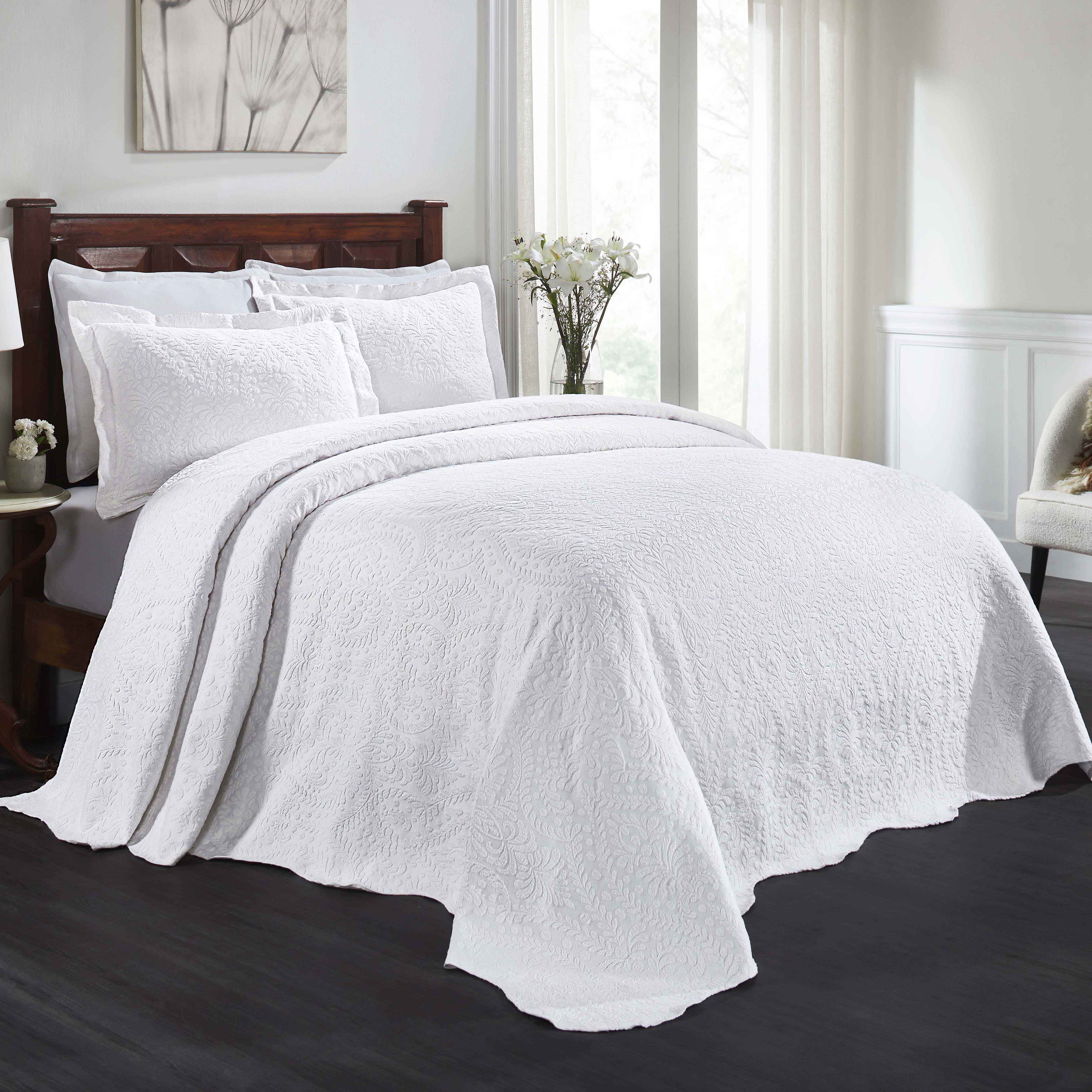 Premium Aspen Cotton Blend Jacquard Woven Floral Bedspread Set with Scalloped Edges - Queen Size Luxury Bedding for Master Bedroom & Guest Room Decor