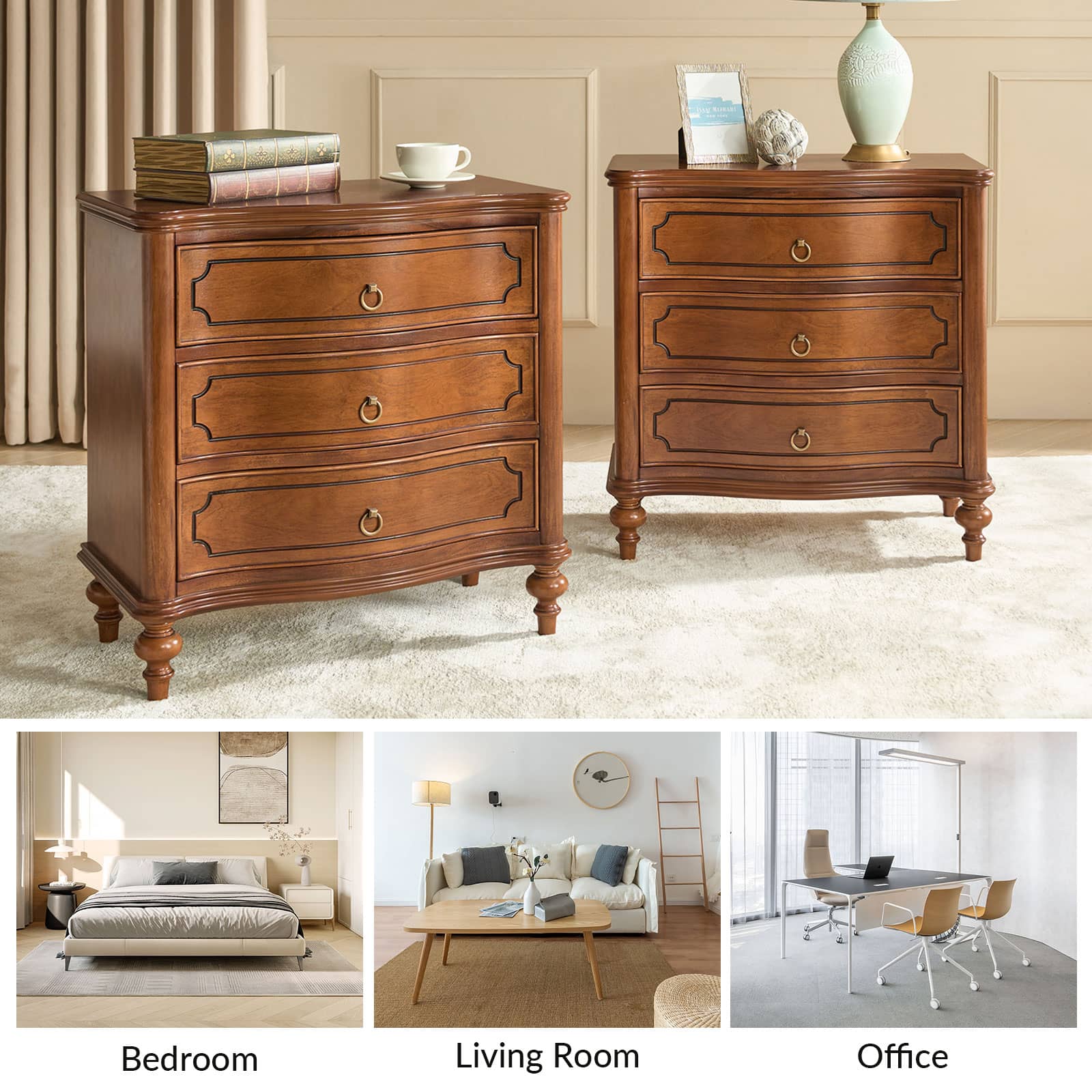 Bernhard 3 Drawer Traditional Nightstand with USB Outlets - Solid Wood Bedside Table for Bedroom, Living Room & Office - Charging Station & Storage Cabinet