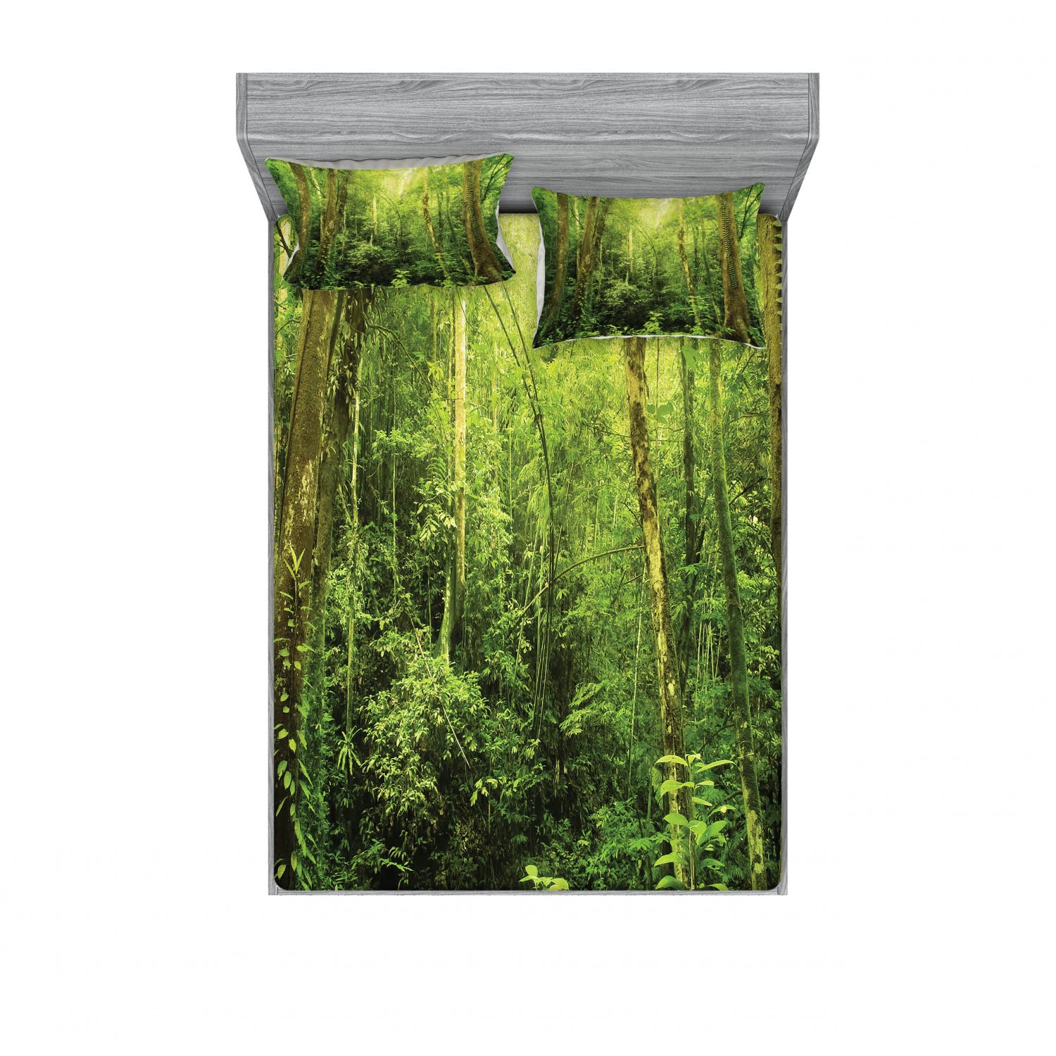 Ambesonne 2-Pack Tropical Rainforest Fitted Sheet & Pillow Sham Set - Full Size 4-Piece Bedding Decor with 2 Fitted Sheets & 4 Pillow Covers in Green - Perfect for Jungle Themed Bedrooms, Guest Rooms & Vacation Homes