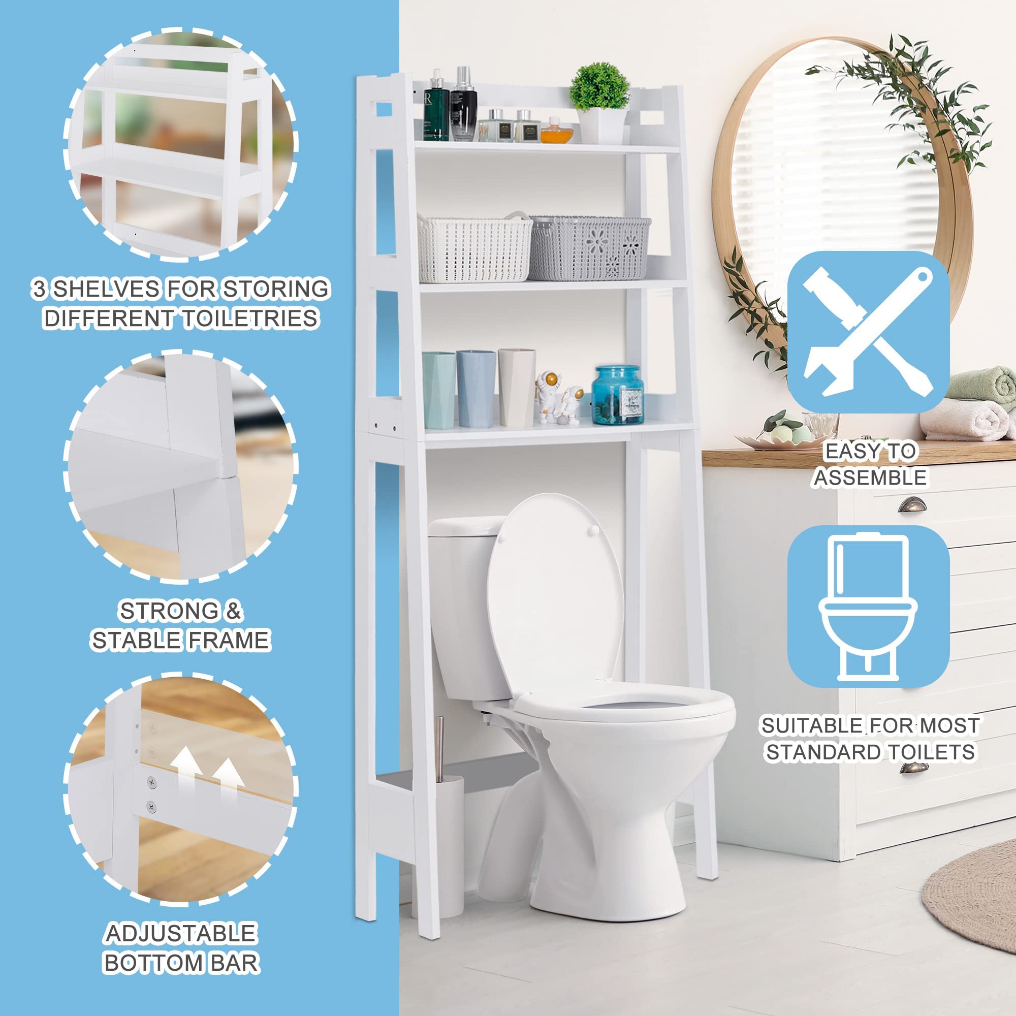 ZenStyle 3-Tier Over The Toilet Storage Organizer - Freestanding Bathroom Space Saver Rack for Toiletries, Towels & Essentials - Perfect for Small Bathrooms, Laundry Rooms & Restrooms (White)