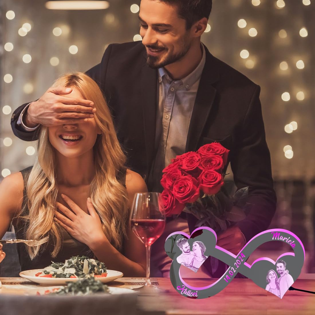 Custom LED Light Up Couple Name Wall Mirror - Personalized Acrylic Photo Mirror with Infinity Heart Design, Wedding Anniversary Gift for Wife, Girlfriend - Perfect for Bedroom Decor, Romantic Proposal, Valentine's Day & Home Decoration