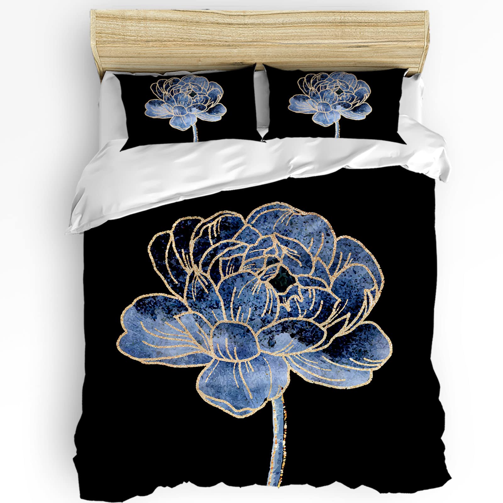 3-Piece Vintage Floral Navy Blue Duvet Cover Set King Size with 2 Pillowcases - Golden Geometric Lines Bedding for Kids, Teens & Adults - Perfect for Guest Rooms, Master Bedrooms & Dorm Decor