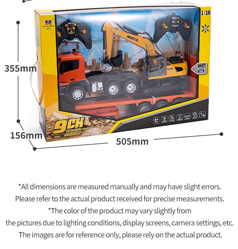1:18 Huina 2.4G 1319 RC Tractor Truck with Remote Control - RTR Excavator & Flatbed Trailer - Ready to Play - Perfect for Construction Play, Kids Gifts & RC Hobbyists