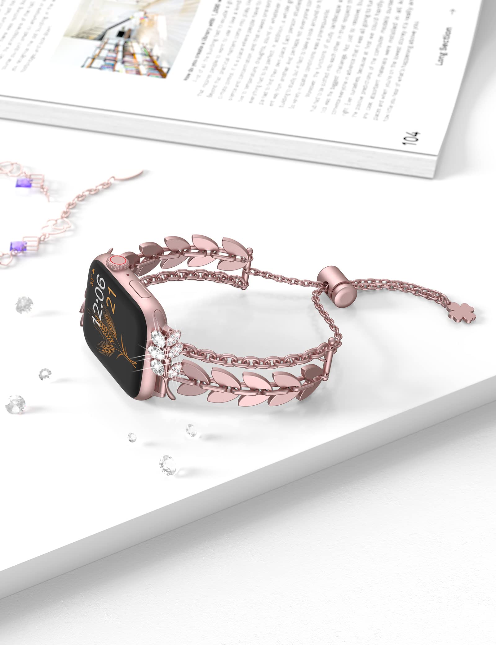 Sparkly Diamond Apple Watch Band 40mm 38mm 41mm 42mm - Bling Charm Bracelet Strap for Women, Compatible with iWatch Series 10/9/8/7/6/5/4/3/2/1/SE - Pink Gold Luxury Accessory for Work, Party & Everyday Wear